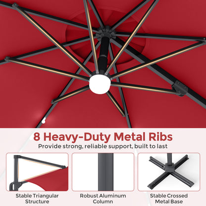 10 FT Cantilever Patio Umbrella with 35 Solar LED Lights and 220 LBS Base, Red Outdoor Umbrellas at Gallery Canada