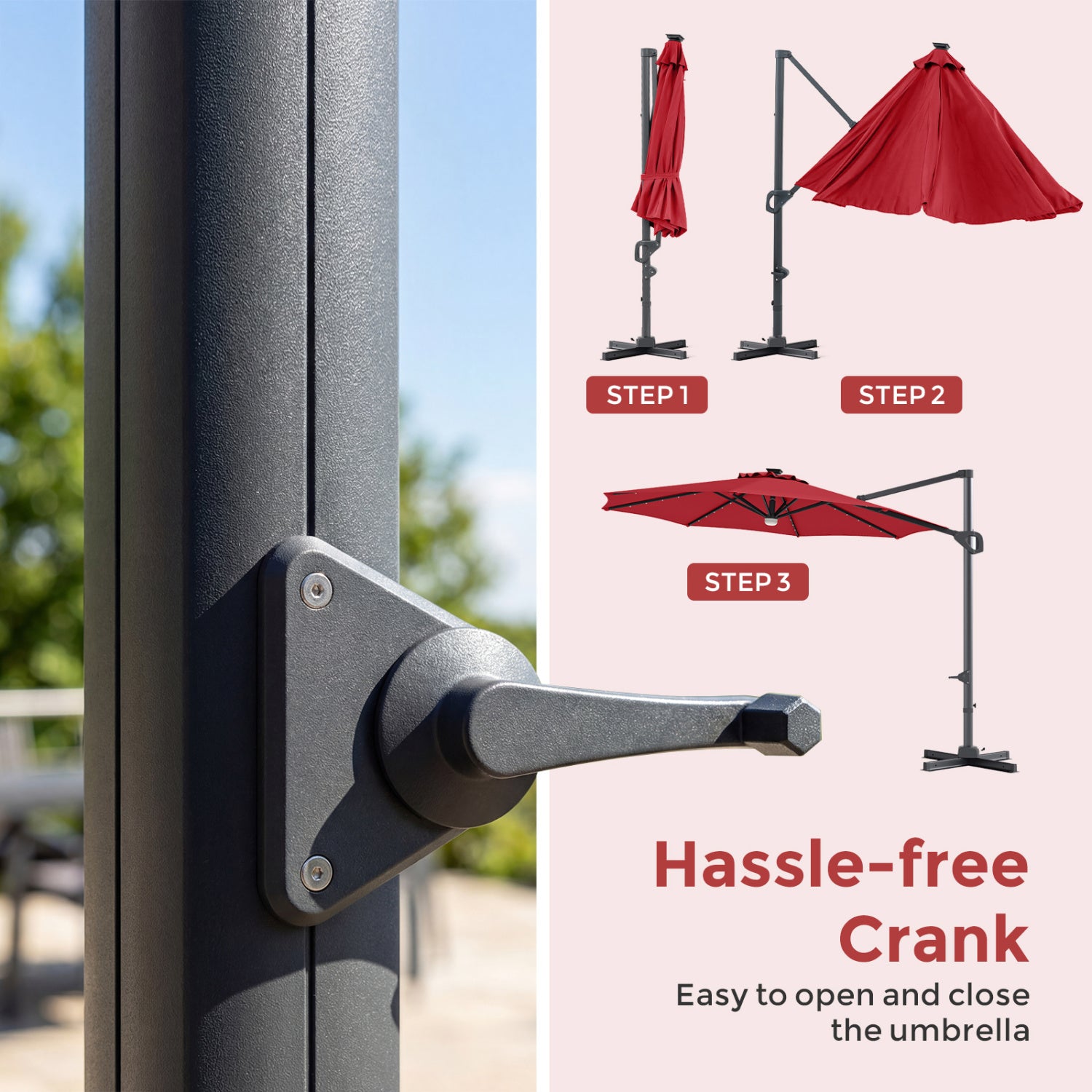 10 FT Cantilever Patio Umbrella with 35 Solar LED Lights and 220 LBS Base, Red Outdoor Umbrellas at Gallery Canada