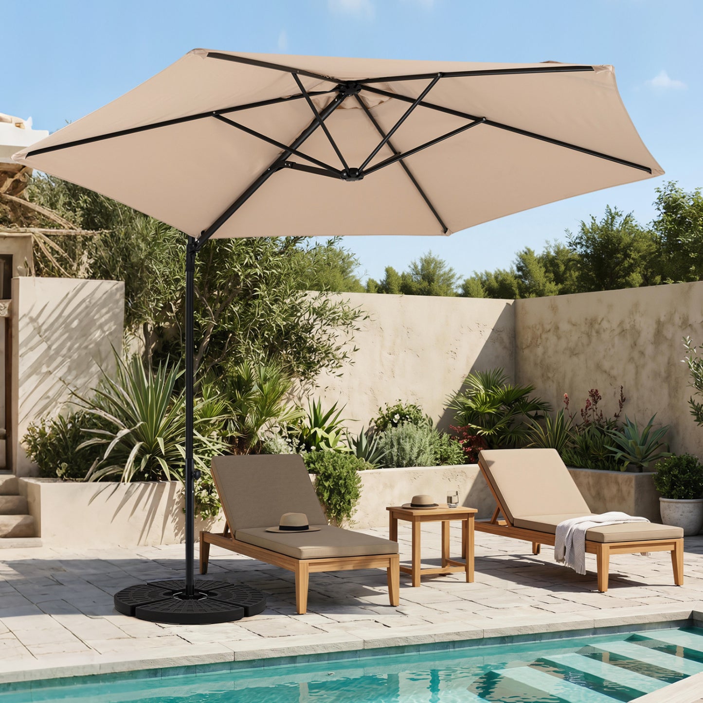 10 FT Cantilever Patio Umbrella, 360° Rotation, Beige