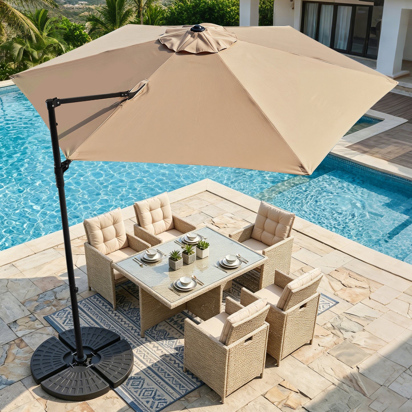 10 FT Cantilever Patio Umbrella, 360° Rotation, Tan