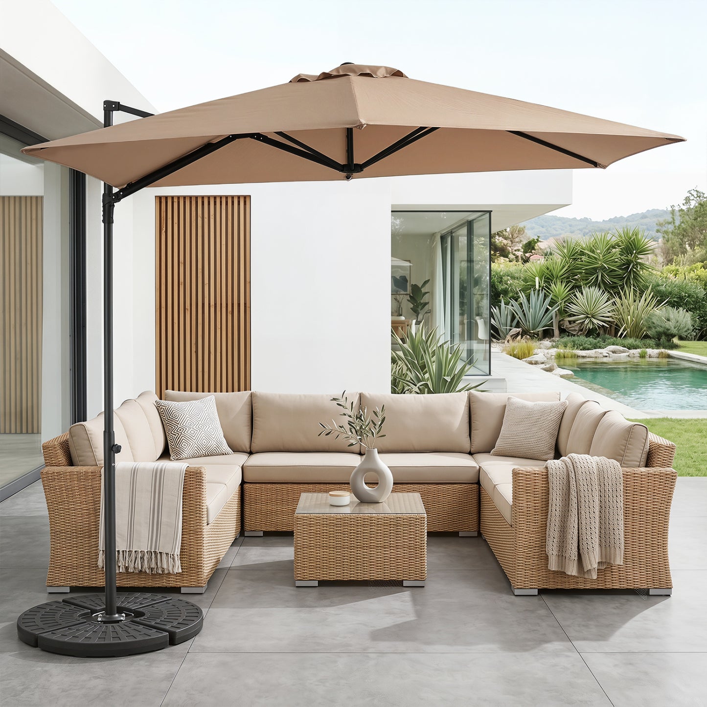 10 FT Cantilever Patio Umbrella, 360° Rotation, Tan