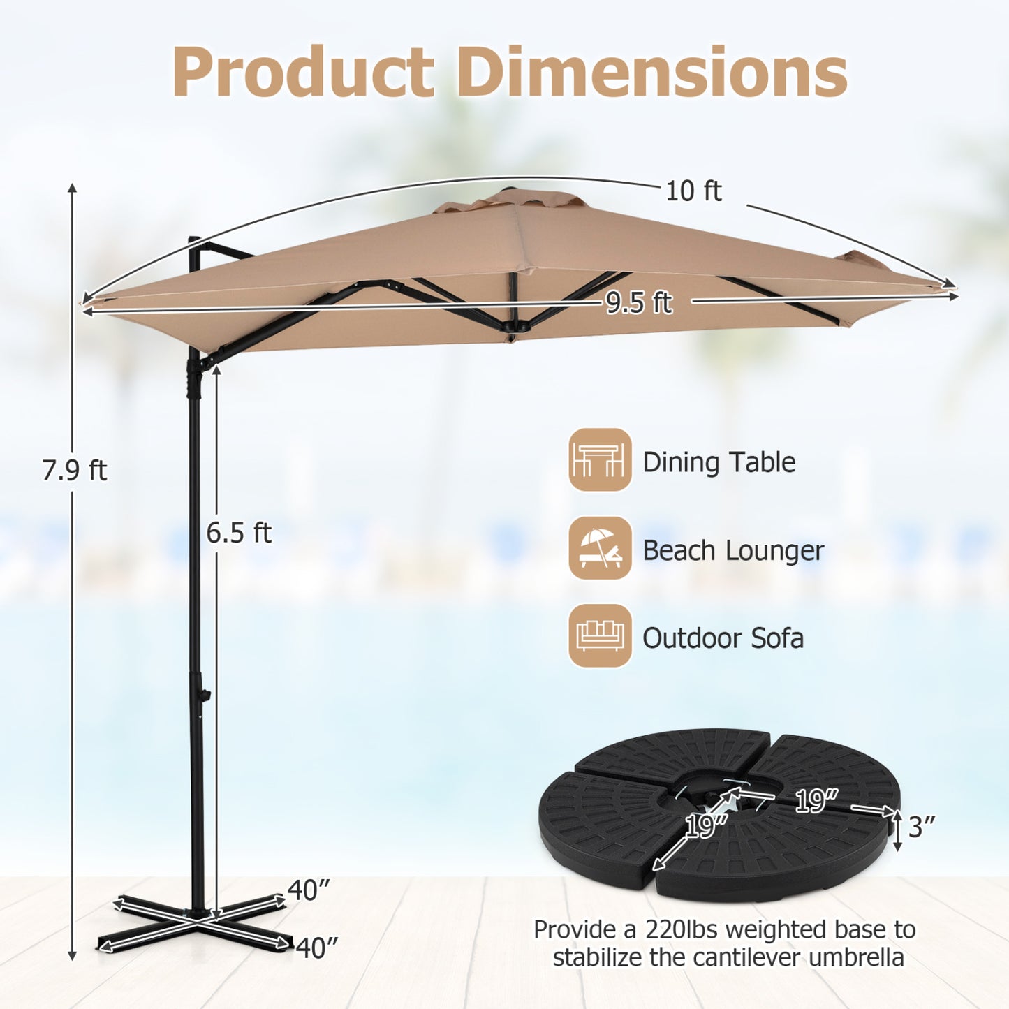 10 FT Cantilever Patio Umbrella, 360° Rotation, Tan