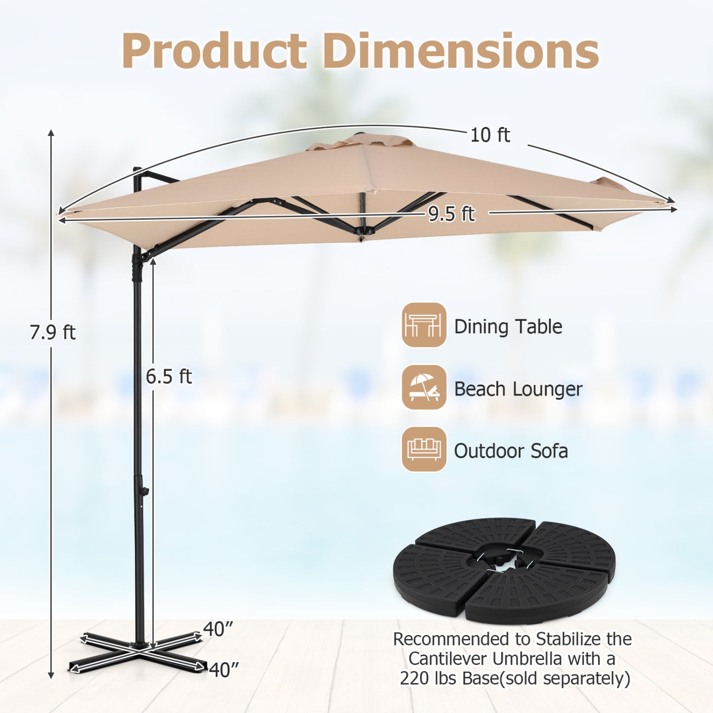 10 FT Cantilever Patio Umbrella, 360° Rotation, Beige Outdoor Umbrellas at Gallery Canada