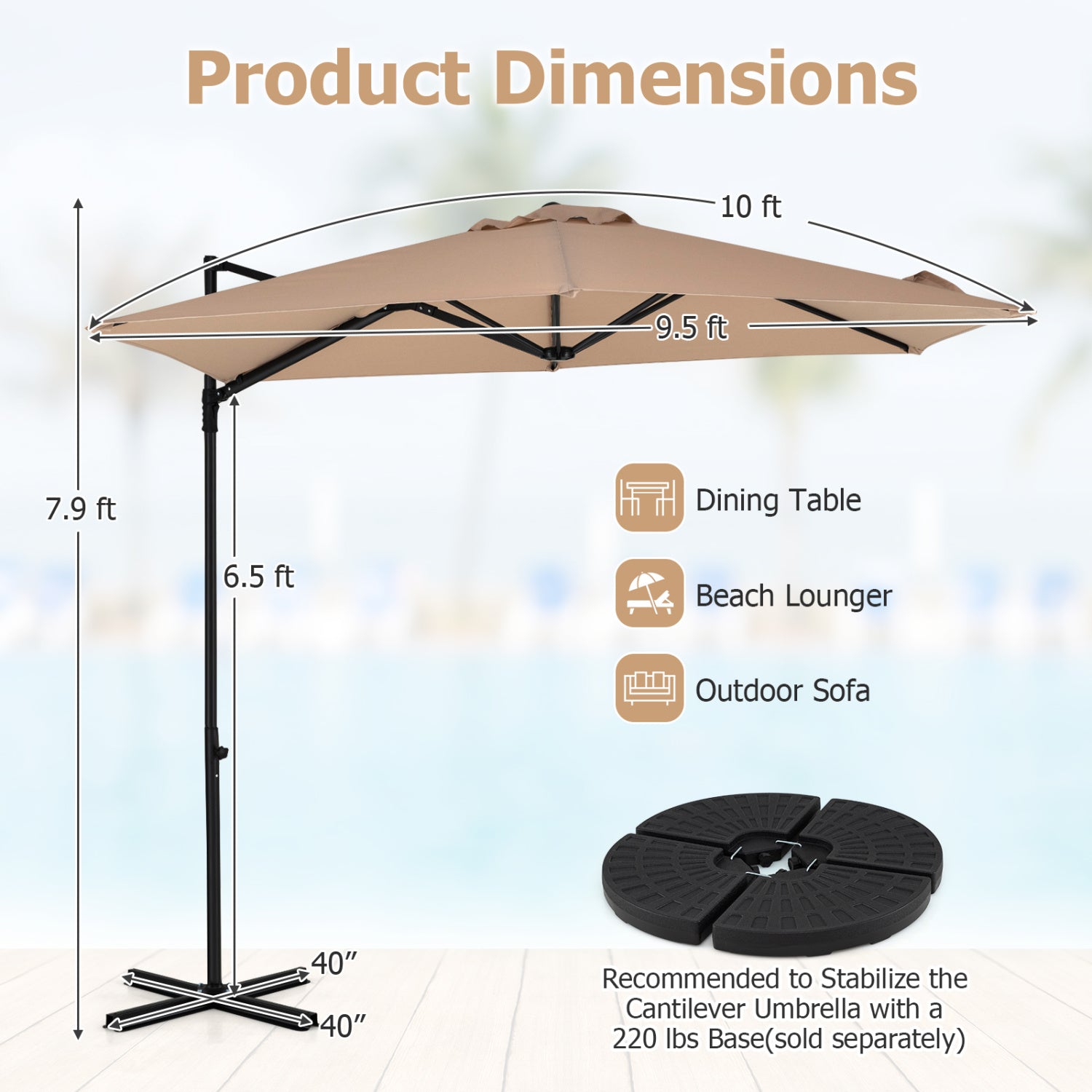 10 FT Cantilever Patio Umbrella, 360° Rotation, Tan Outdoor Umbrellas at Gallery Canada