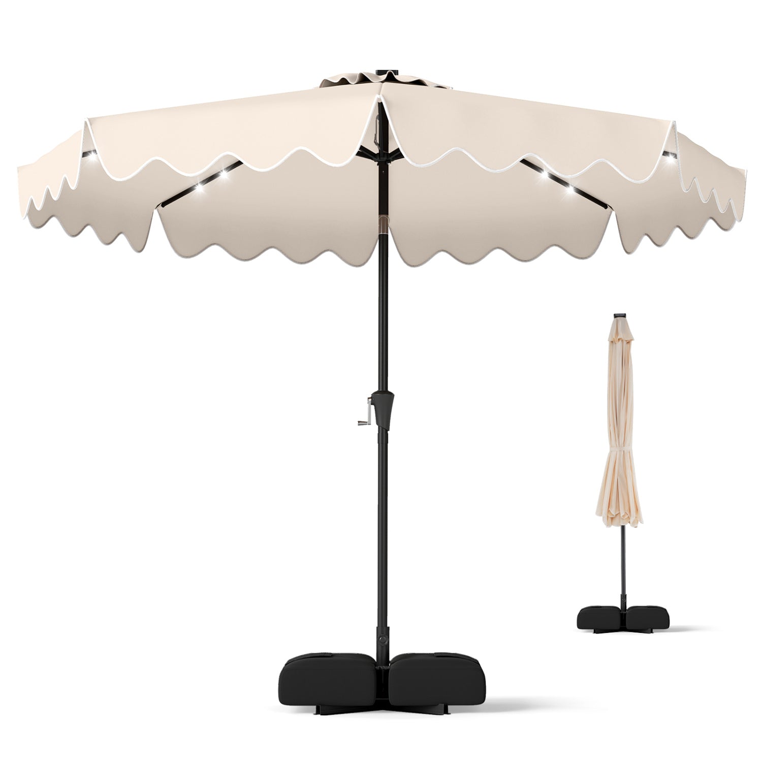 10 FT Outdoor Patio Umbrella, Solar LED Lights, Weighted Base, Beige Outdoor Umbrellas at Gallery Canada