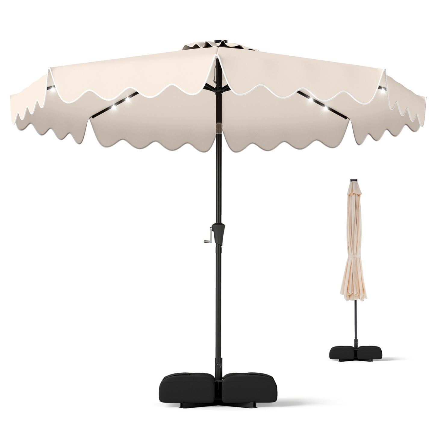 10 FT Outdoor Patio Umbrella, Solar LED Lights, Weighted Base, Beige Outdoor Umbrellas at Gallery Canada