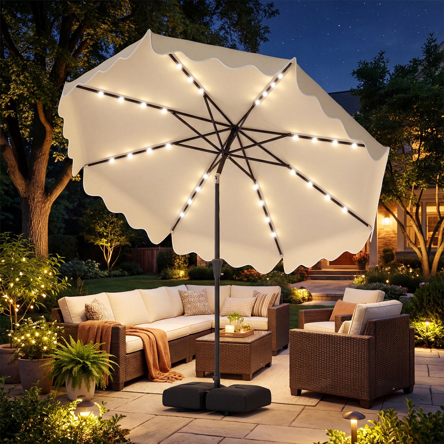 10 FT Outdoor Patio Umbrella, Solar LED Lights, Weighted Base, Beige Outdoor Umbrellas at Gallery Canada