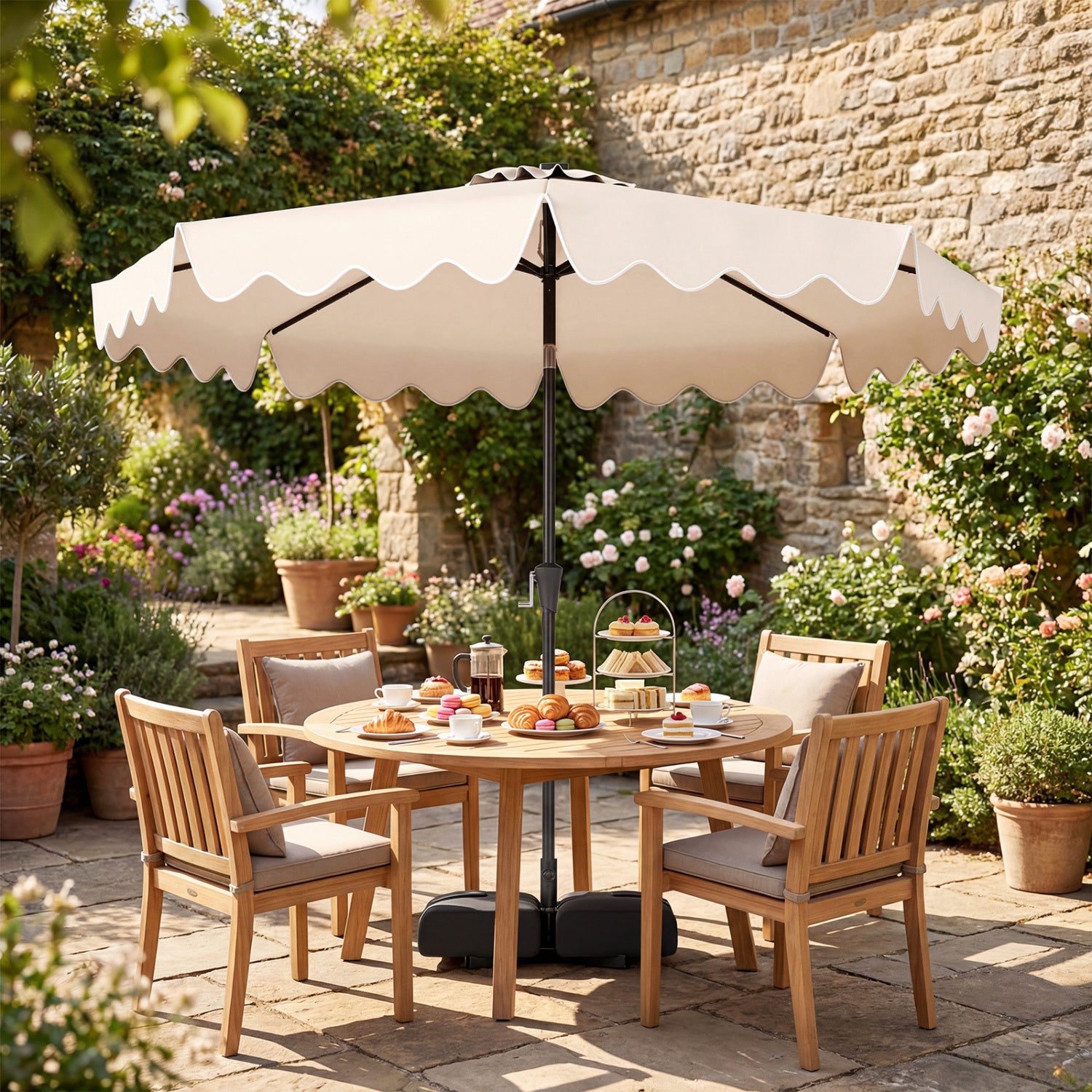 10 FT Outdoor Patio Umbrella, Solar LED Lights, Weighted Base, Beige Outdoor Umbrellas at Gallery Canada