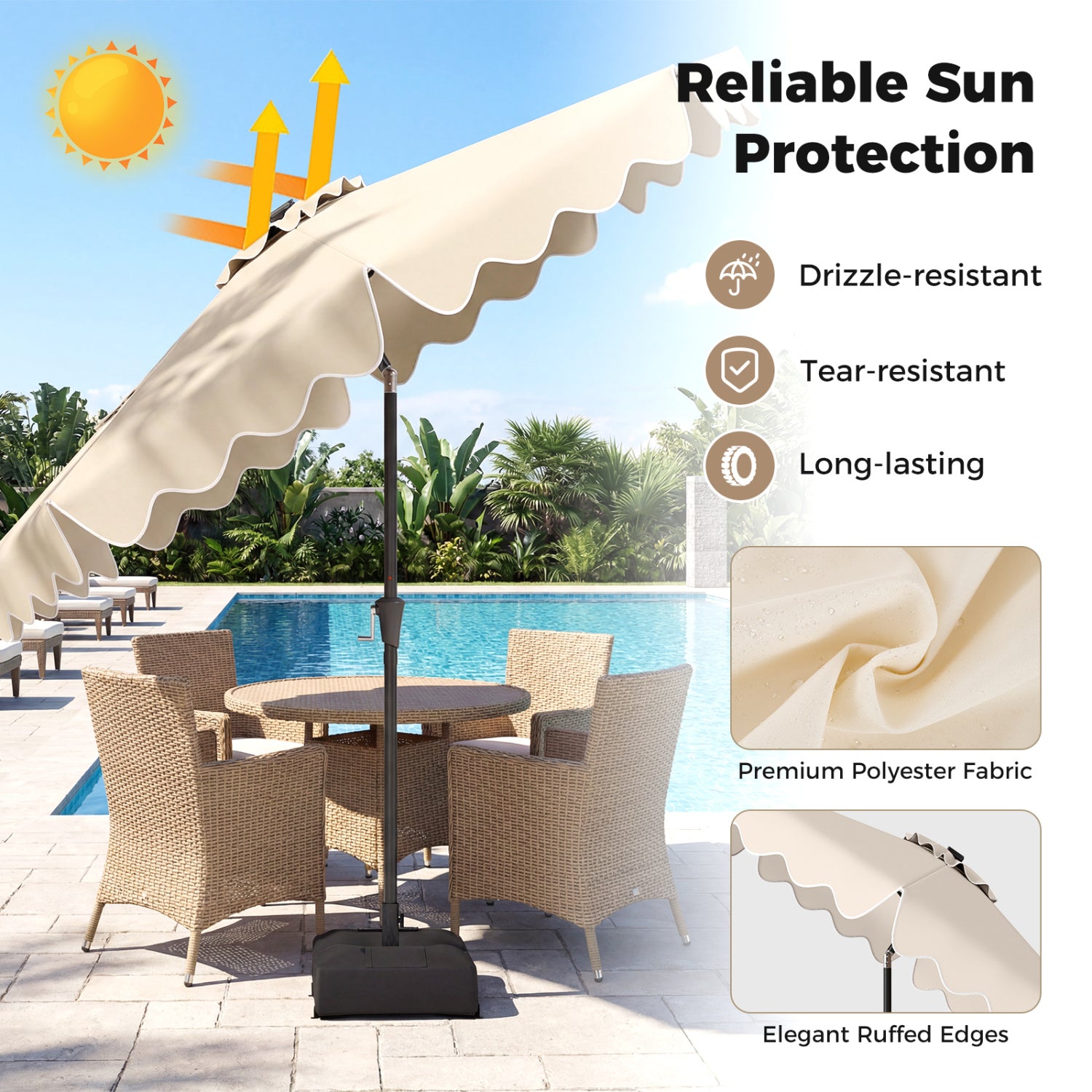 10 FT Outdoor Patio Umbrella, Solar LED Lights, Weighted Base, Beige Outdoor Umbrellas at Gallery Canada