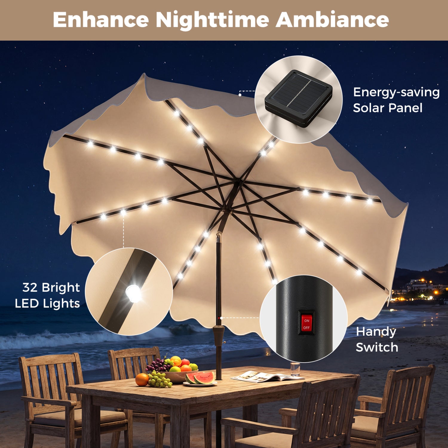 10 FT Outdoor Patio Umbrella, Solar LED Lights, Weighted Base, Beige Outdoor Umbrellas at Gallery Canada