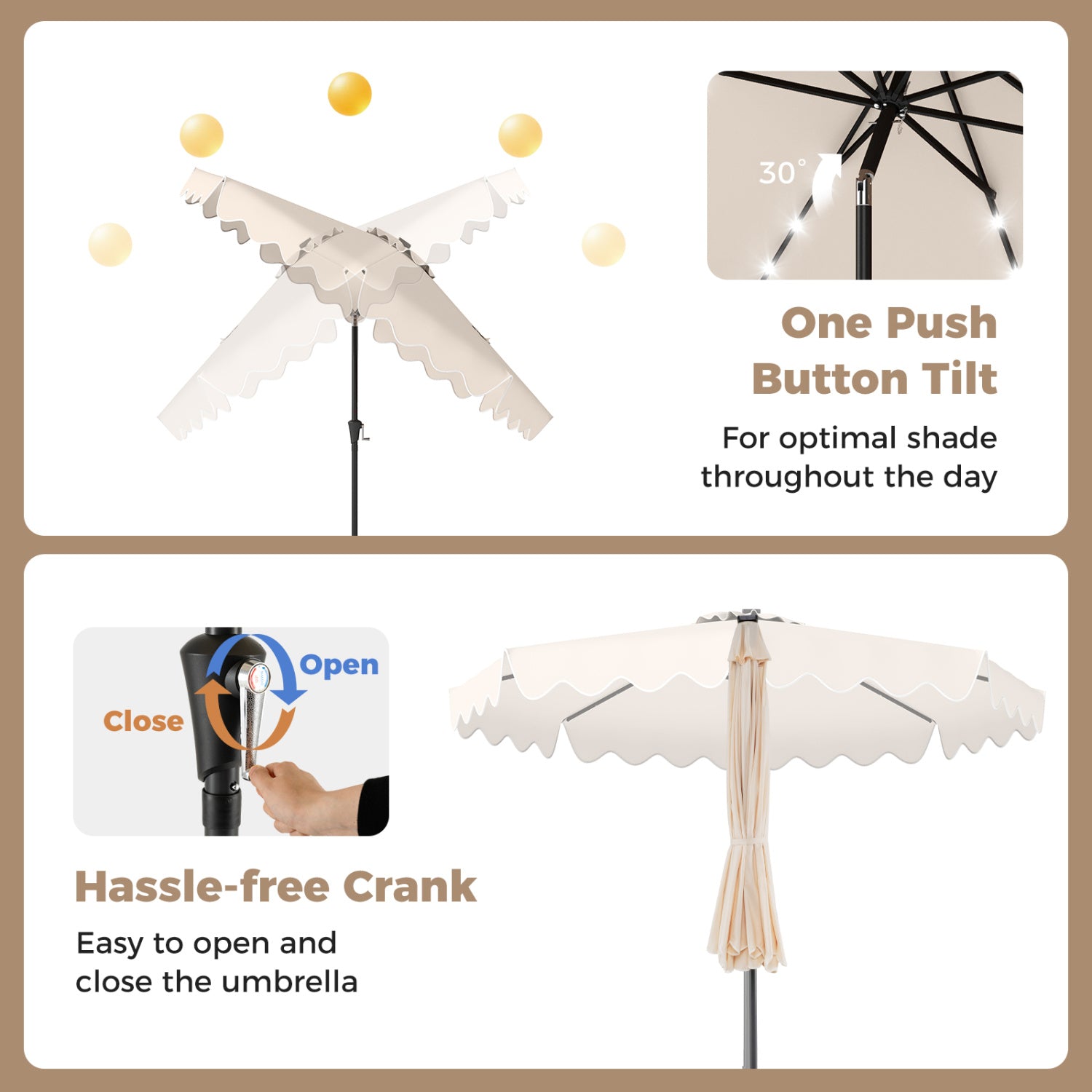 10 FT Outdoor Patio Umbrella, Solar LED Lights, Weighted Base, Beige Outdoor Umbrellas at Gallery Canada