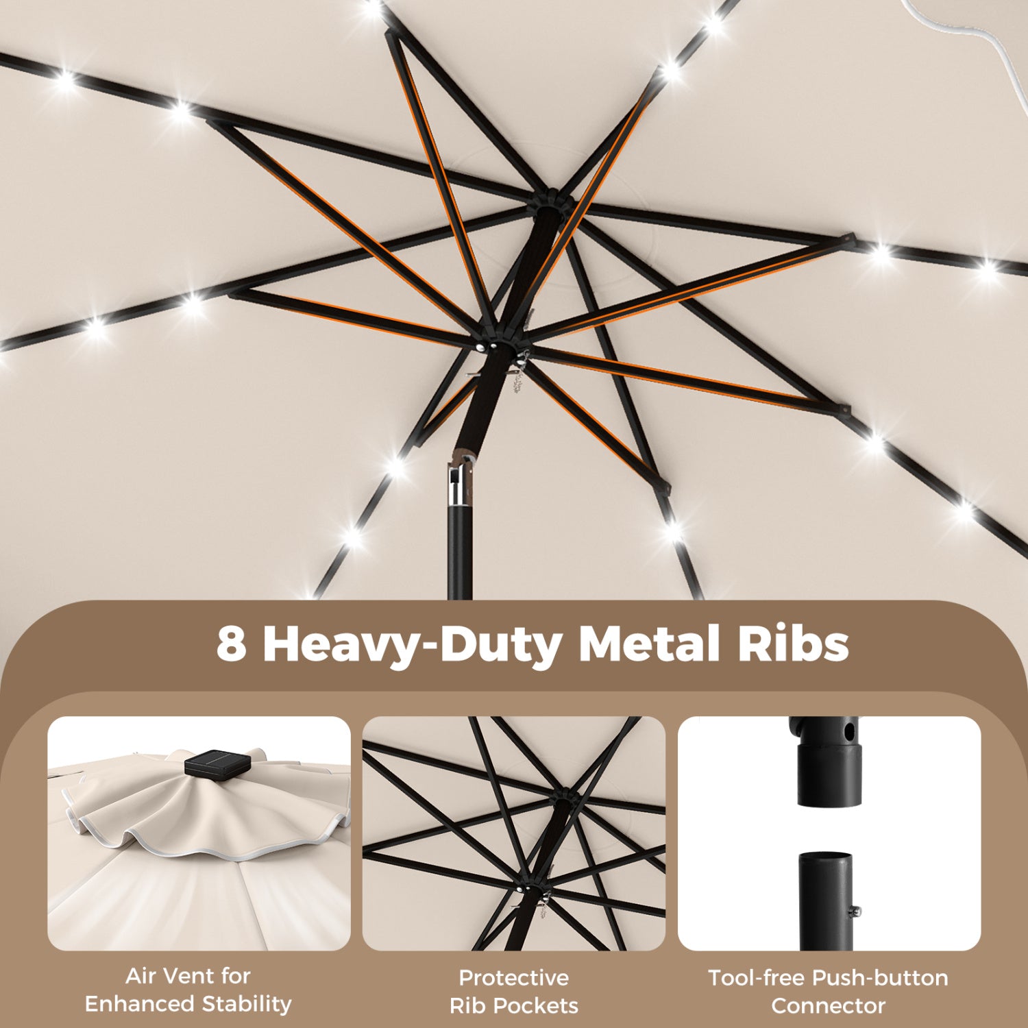 10 FT Outdoor Patio Umbrella, Solar LED Lights, Weighted Base, Beige Outdoor Umbrellas at Gallery Canada