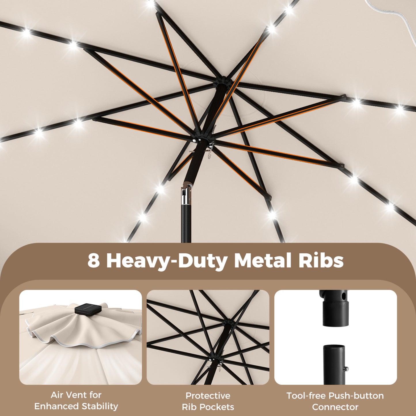 10 FT Outdoor Patio Umbrella, Solar LED Lights, Weighted Base, Beige Outdoor Umbrellas at Gallery Canada