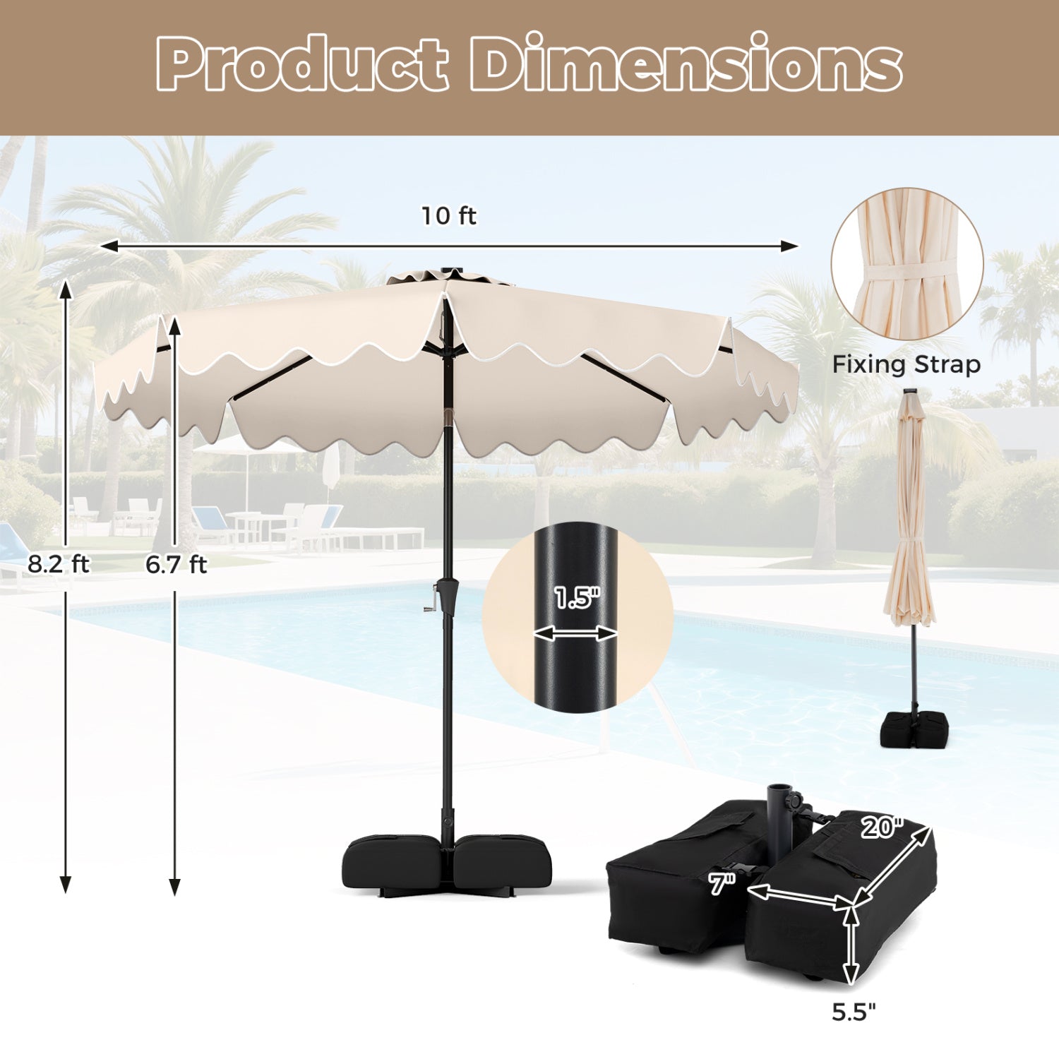 10 FT Outdoor Patio Umbrella, Solar LED Lights, Weighted Base, Beige Outdoor Umbrellas at Gallery Canada