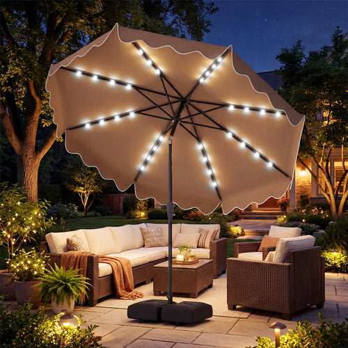 10 FT Outdoor Patio Umbrella, Solar LED Lights, Weighted Base, Brown