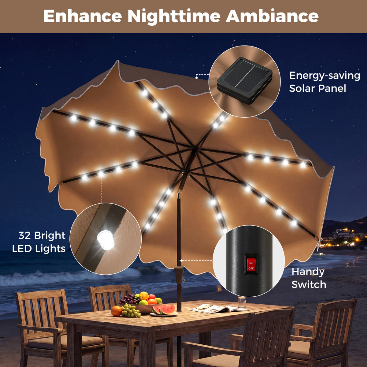 10 FT Outdoor Patio Umbrella, Solar LED Lights, Weighted Base, Brown Outdoor Umbrellas at Gallery Canada