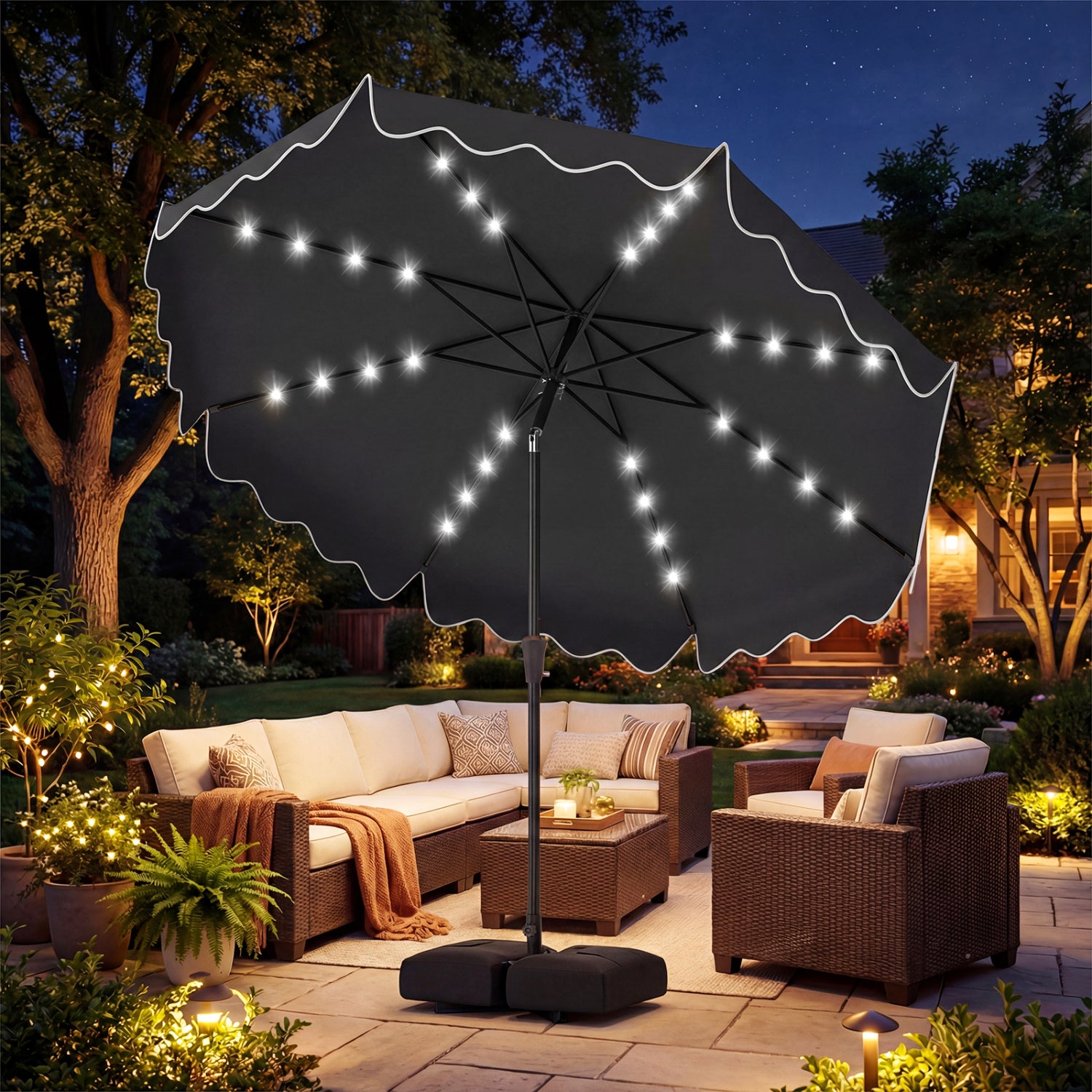 10 FT Outdoor Patio Umbrella, Solar LED Lights, Weighted Base, Gray Outdoor Umbrellas at Gallery Canada