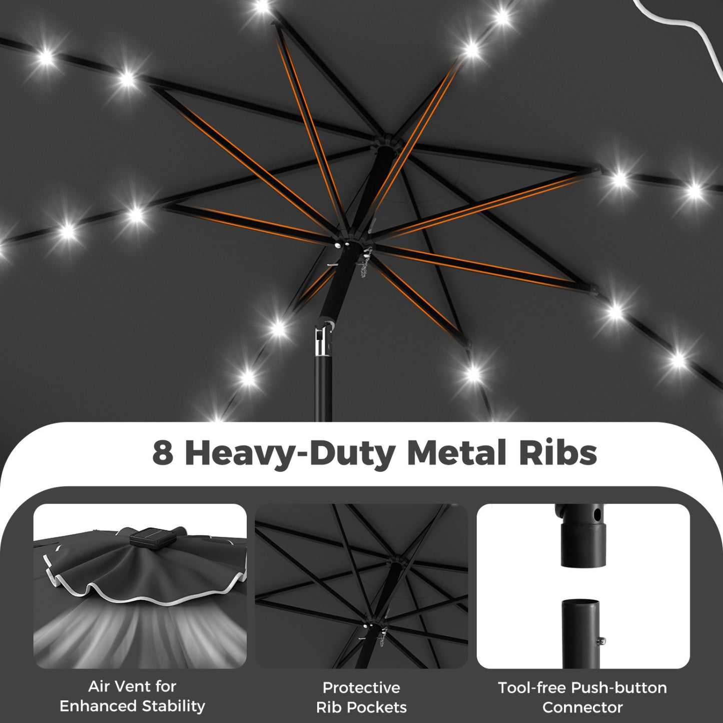 10 FT Outdoor Patio Umbrella, Solar LED Lights, Weighted Base, Gray Outdoor Umbrellas at Gallery Canada