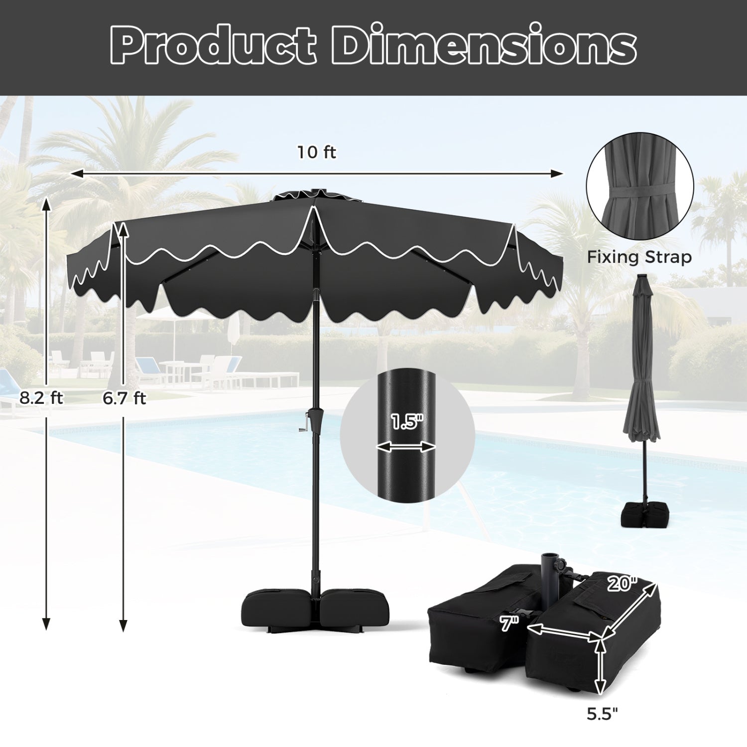 10 FT Outdoor Patio Umbrella, Solar LED Lights, Weighted Base, Gray Outdoor Umbrellas at Gallery Canada