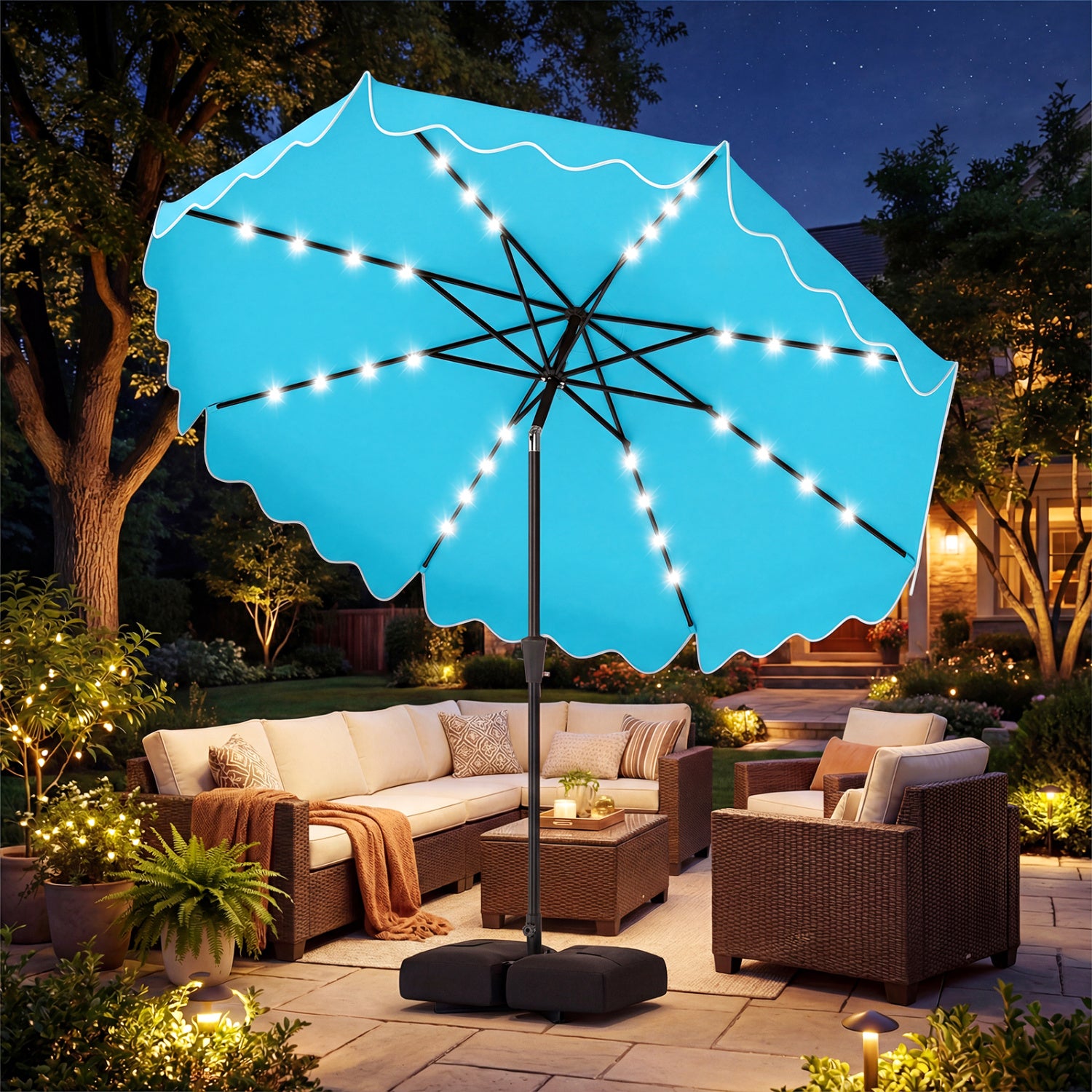 10 Ft Outdoor Patio Umbrella, Solar LED Lights, Weighted Base, Turquoise Outdoor Umbrellas at Gallery Canada
