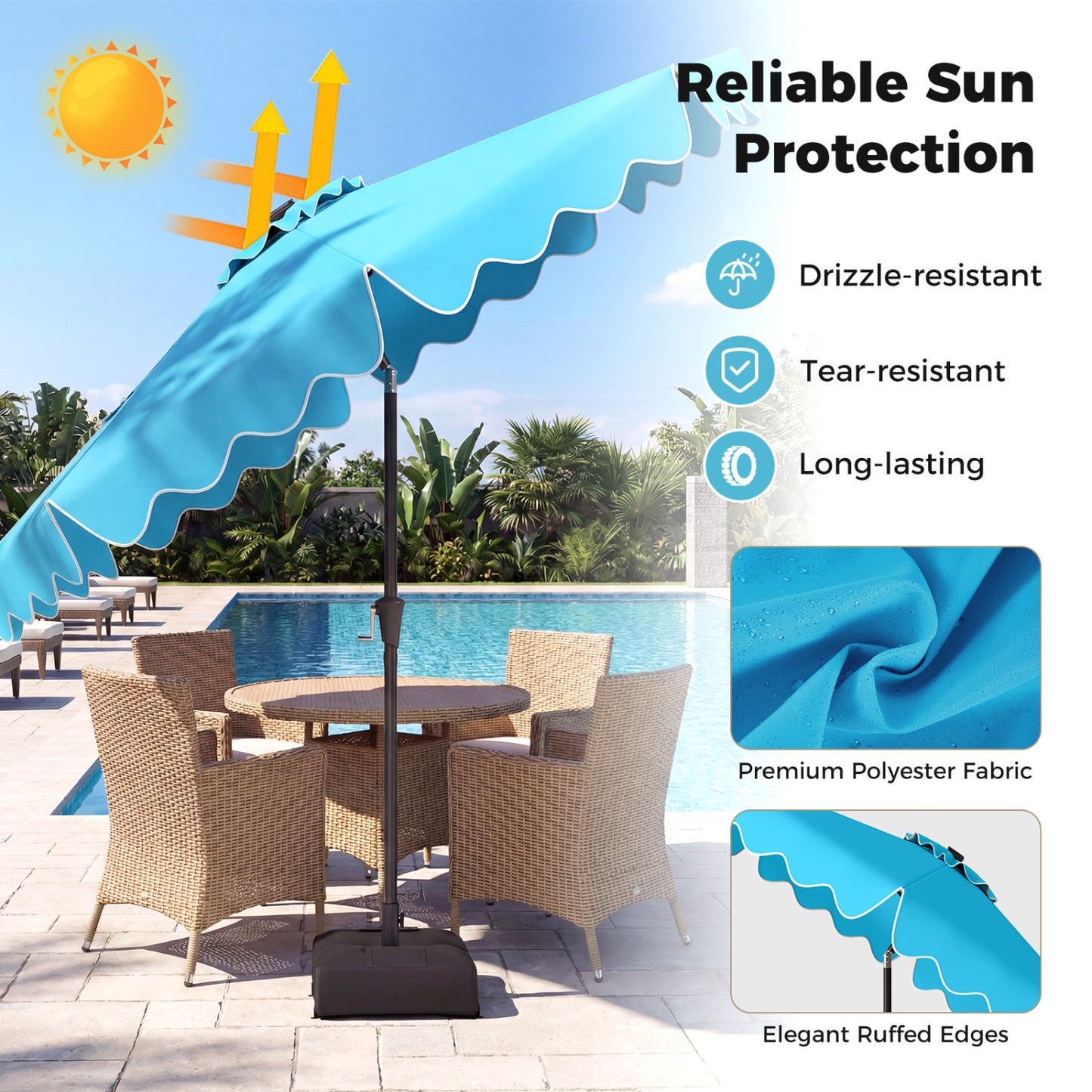 10 Ft Outdoor Patio Umbrella, Solar LED Lights, Weighted Base, Turquoise Outdoor Umbrellas at Gallery Canada