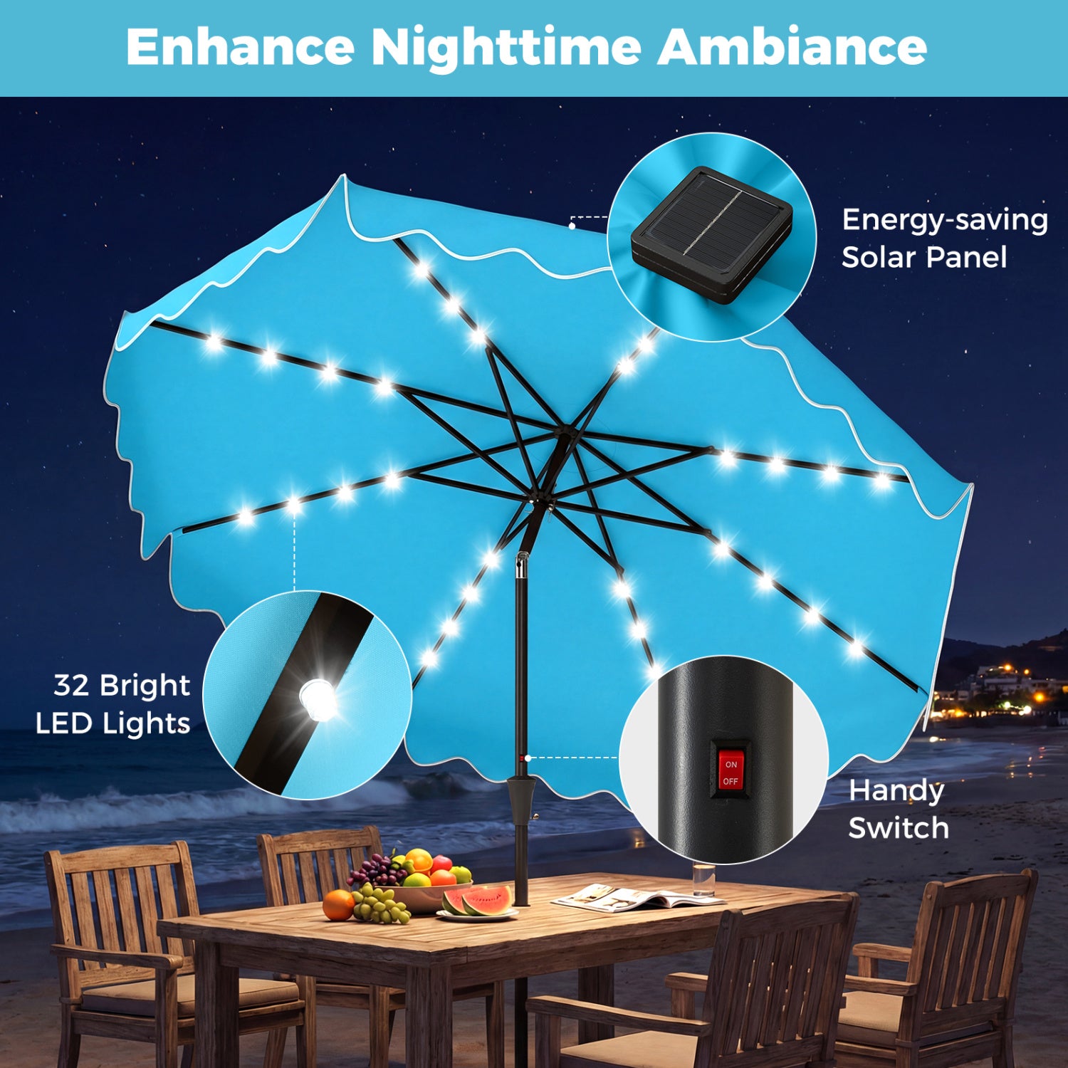 10 Ft Outdoor Patio Umbrella, Solar LED Lights, Weighted Base, Turquoise Outdoor Umbrellas at Gallery Canada