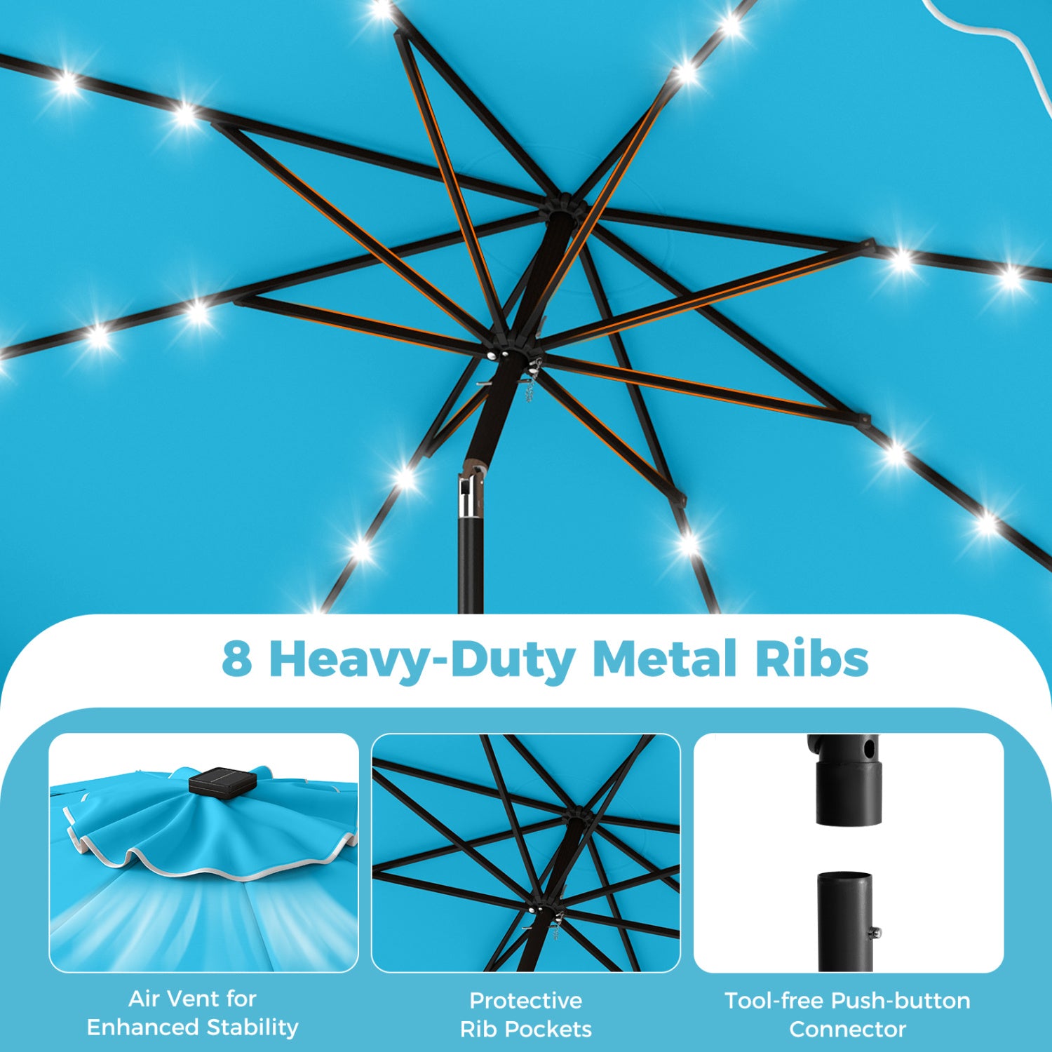 10 Ft Outdoor Patio Umbrella, Solar LED Lights, Weighted Base, Turquoise Outdoor Umbrellas at Gallery Canada