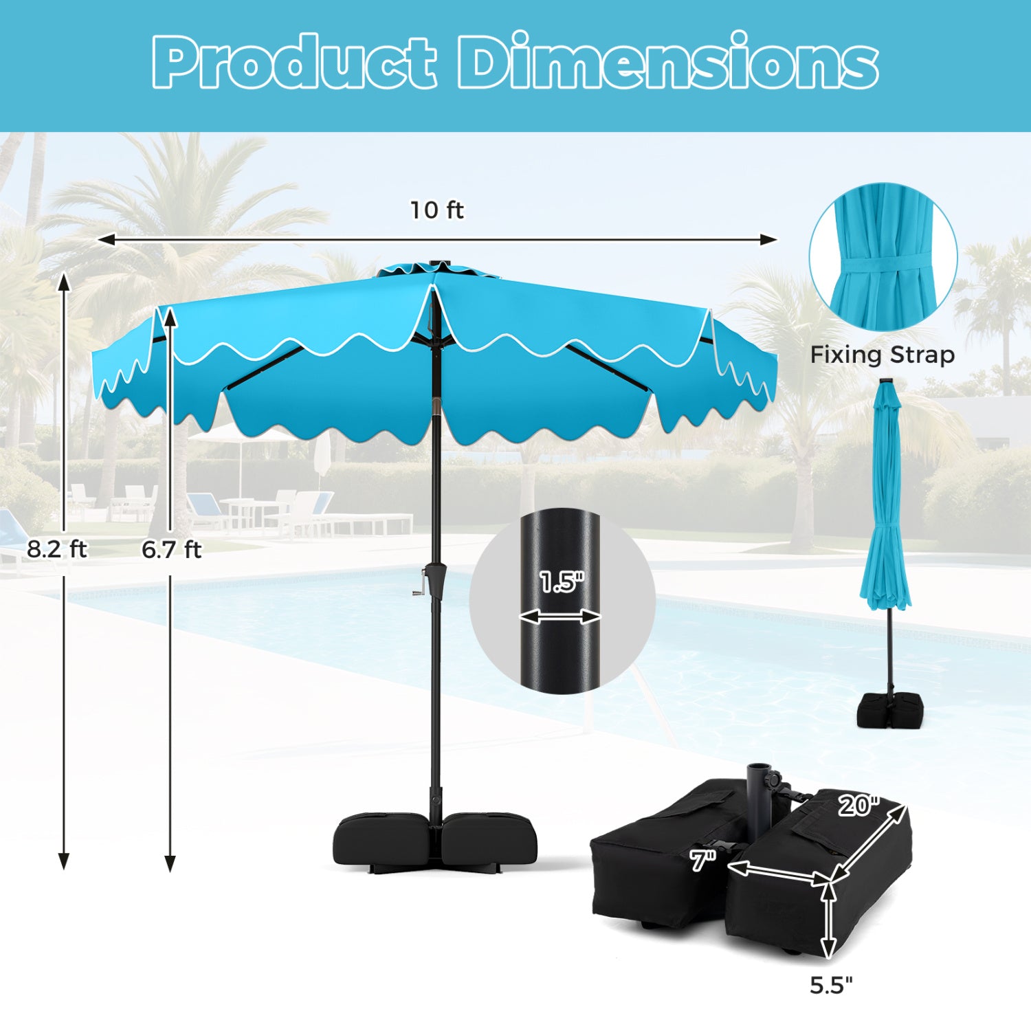 10 Ft Outdoor Patio Umbrella, Solar LED Lights, Weighted Base, Turquoise Outdoor Umbrellas at Gallery Canada