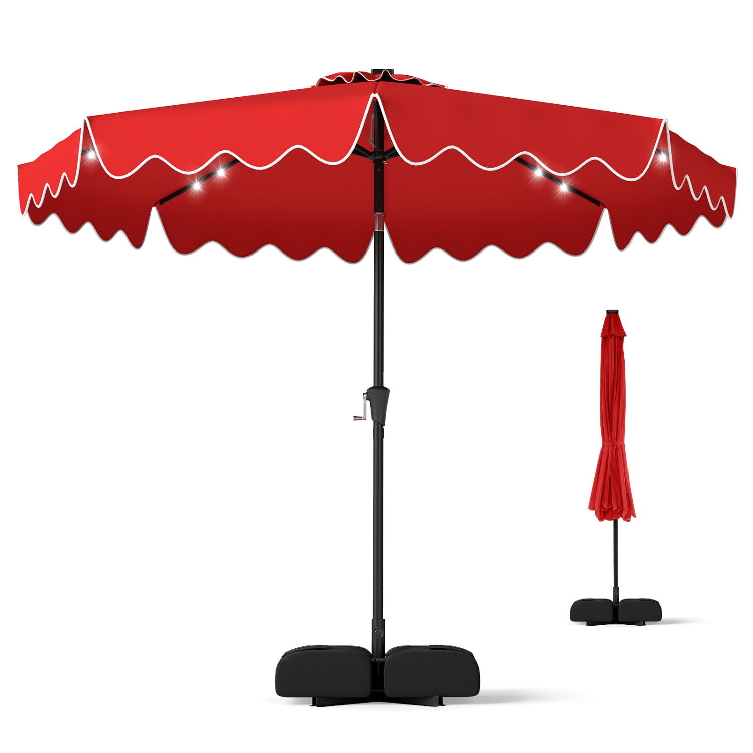10 FT Patio Umbrella With Solar LED Lights, Weighted Base, Red Outdoor Umbrellas at Gallery Canada