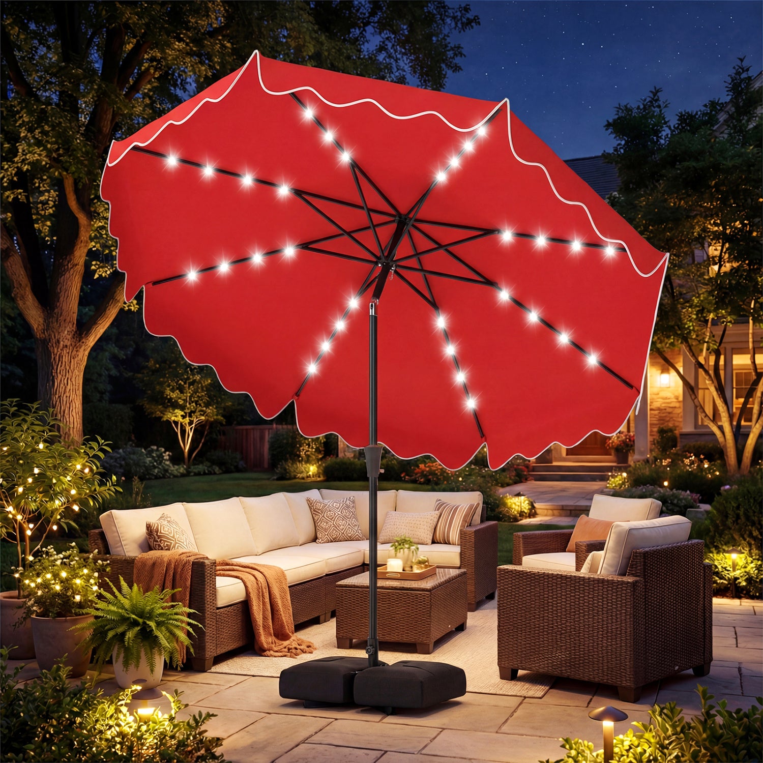 10 FT Patio Umbrella With Solar LED Lights, Weighted Base, Red Outdoor Umbrellas at Gallery Canada