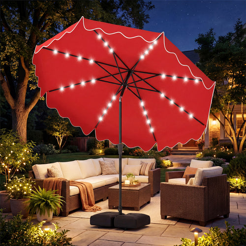 10 FT Patio Umbrella With Solar LED Lights, Weighted Base, Red