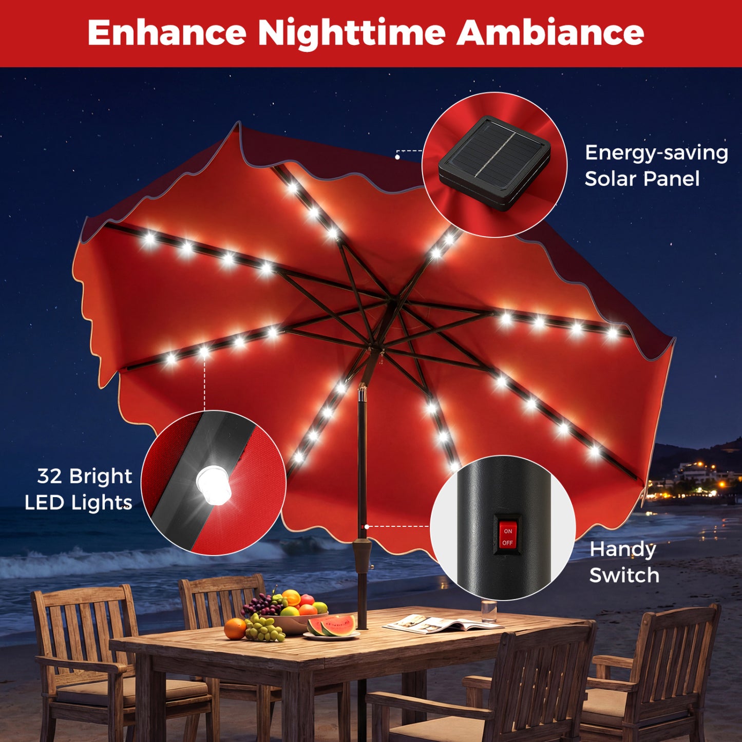 10 FT Patio Umbrella With Solar LED Lights, Weighted Base, Red Outdoor Umbrellas at Gallery Canada