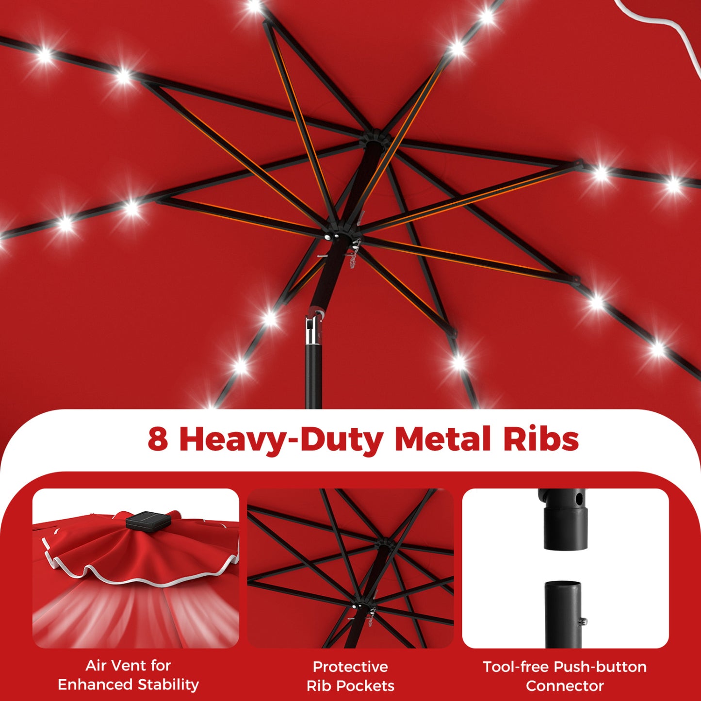 10 FT Patio Umbrella With Solar LED Lights, Weighted Base, Red Outdoor Umbrellas at Gallery Canada
