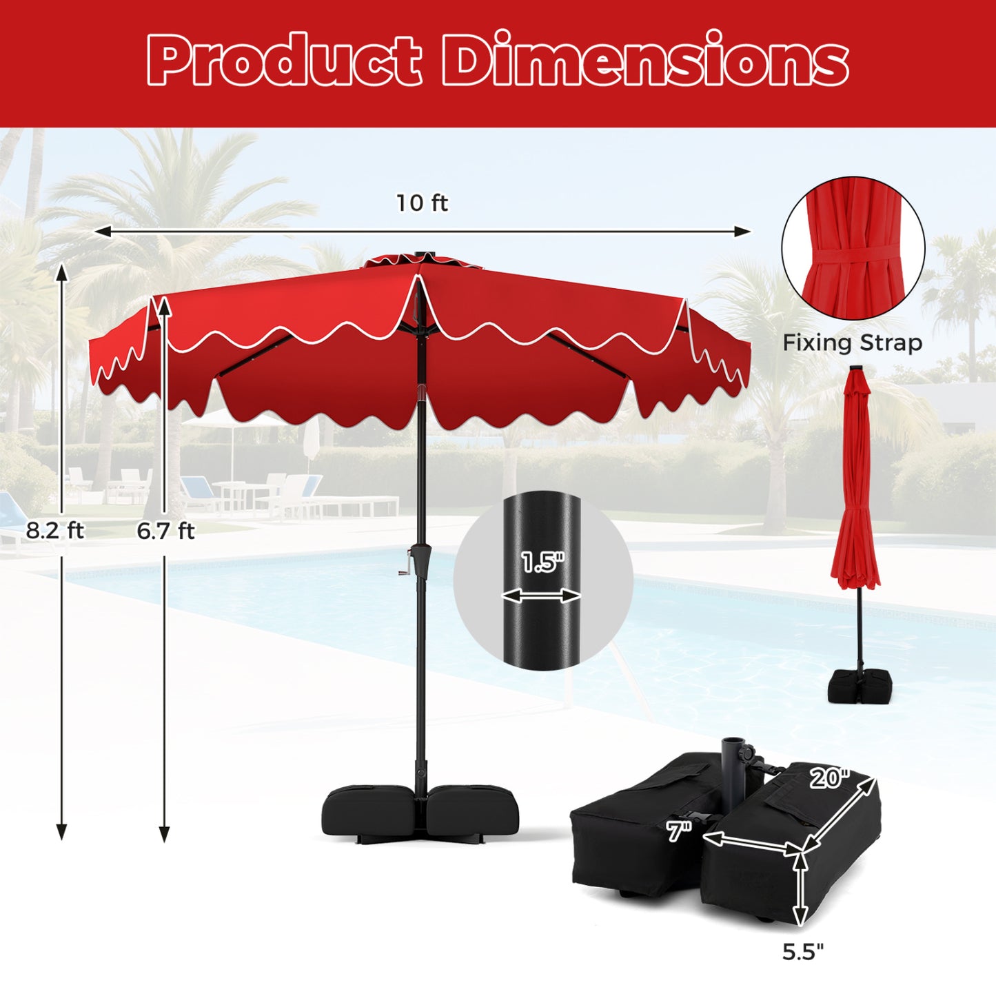 10 FT Patio Umbrella With Solar LED Lights, Weighted Base, Red Outdoor Umbrellas at Gallery Canada
