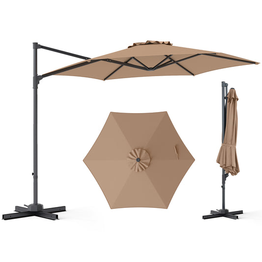 10 FT Patio Cantilever Umbrella, 360° Rotation, Air Vent, Tan Outdoor Umbrellas Tan at Gallery Canada