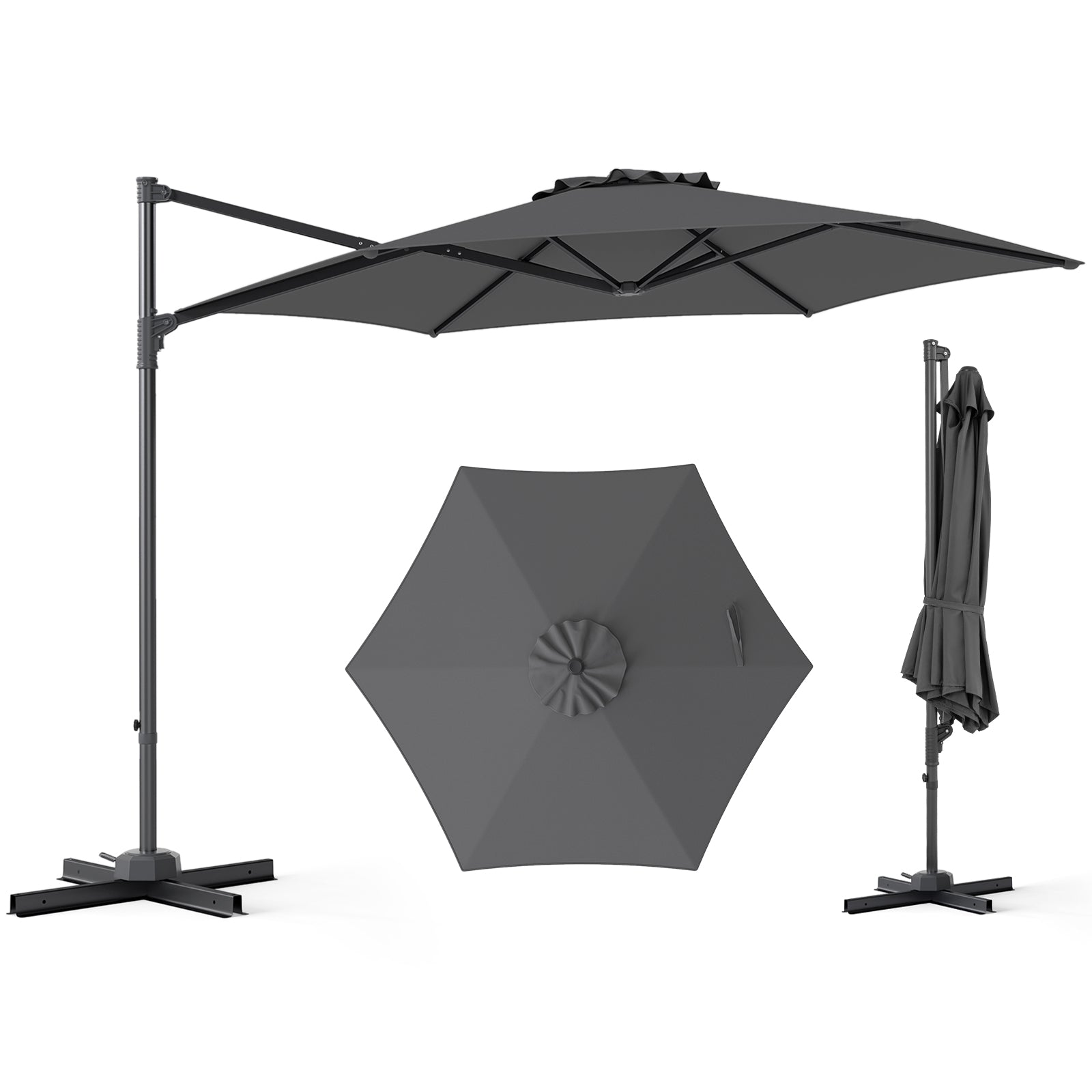 10 FT Patio Cantilever Umbrella, 360° Rotation, Air Vent, Gray Outdoor Umbrellas Gray at Gallery Canada