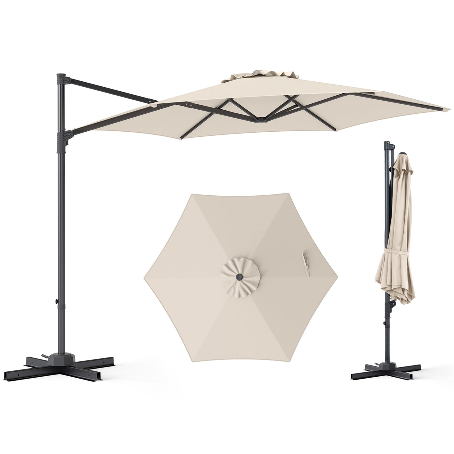 10 FT Patio Cantilever Umbrella, 360° Rotation, Beige Outdoor Umbrellas Beige at Gallery Canada