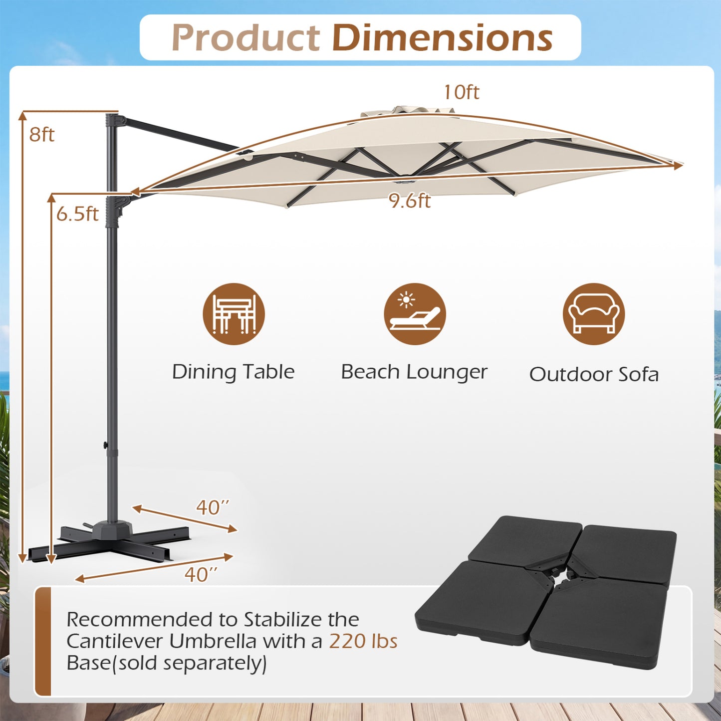 10 FT Patio Cantilever Umbrella, 360° Rotation, Beige Outdoor Umbrellas at Gallery Canada