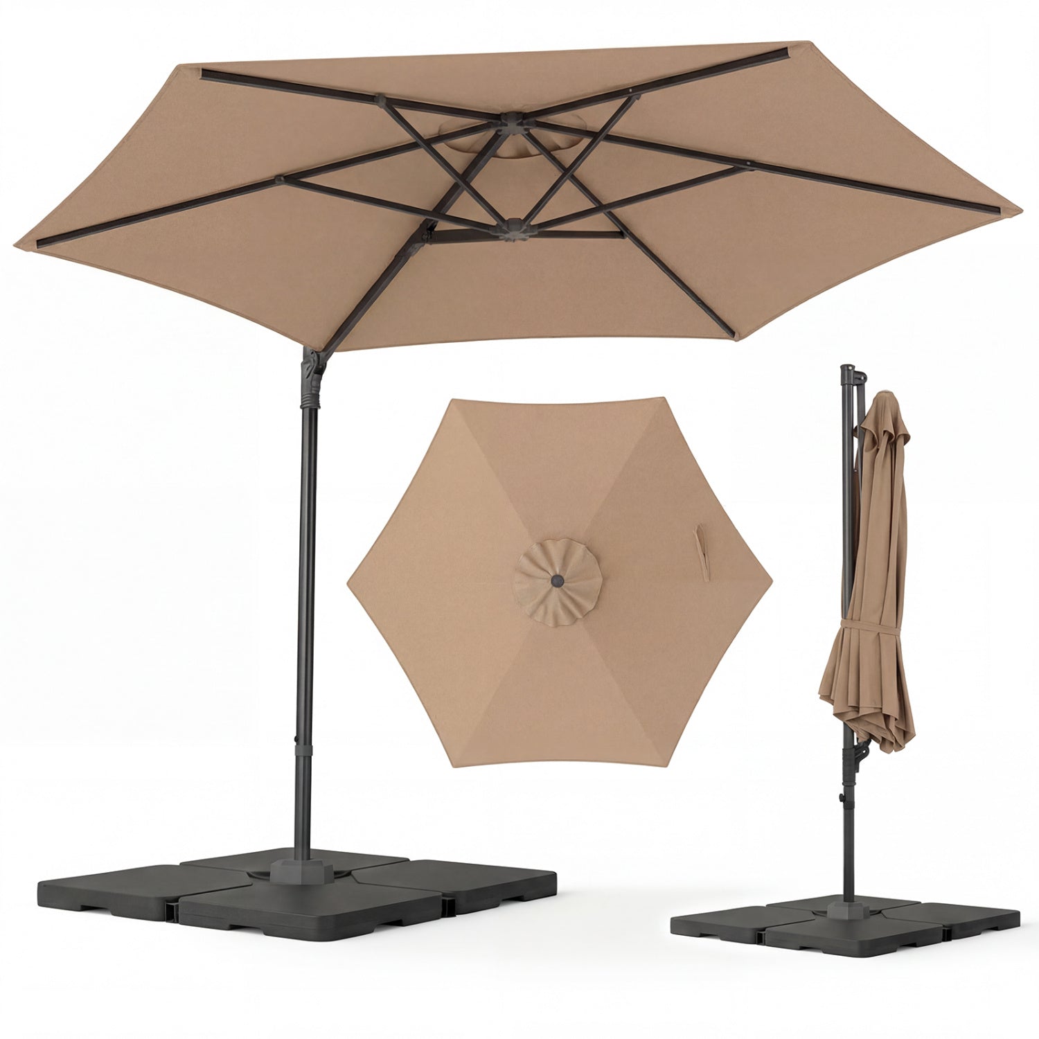 10 FT Patio Cantilever Umbrella, 360° Rotation, Air Vent, Tan Outdoor Umbrellas at Gallery Canada