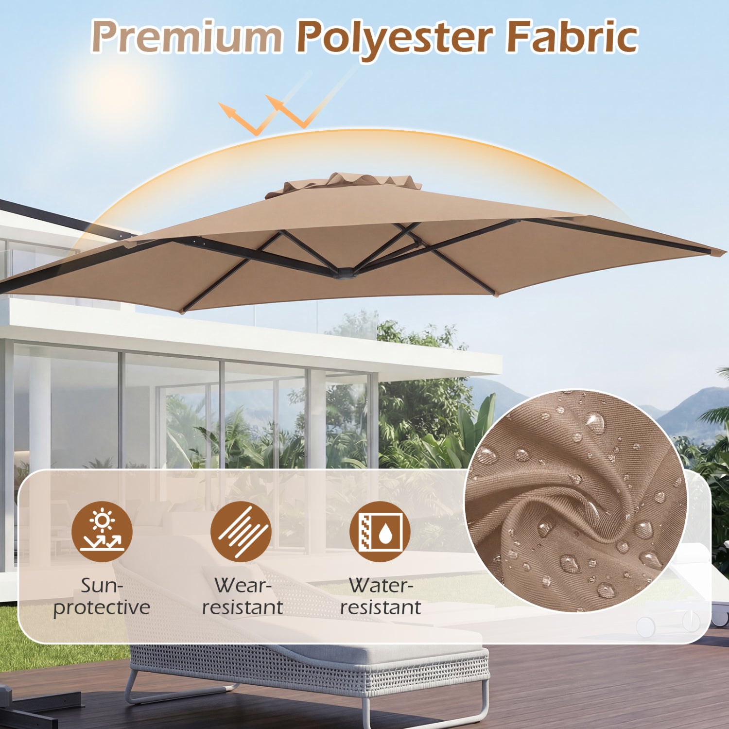 10 FT Patio Cantilever Umbrella, 360° Rotation, Air Vent, Tan Outdoor Umbrellas at Gallery Canada