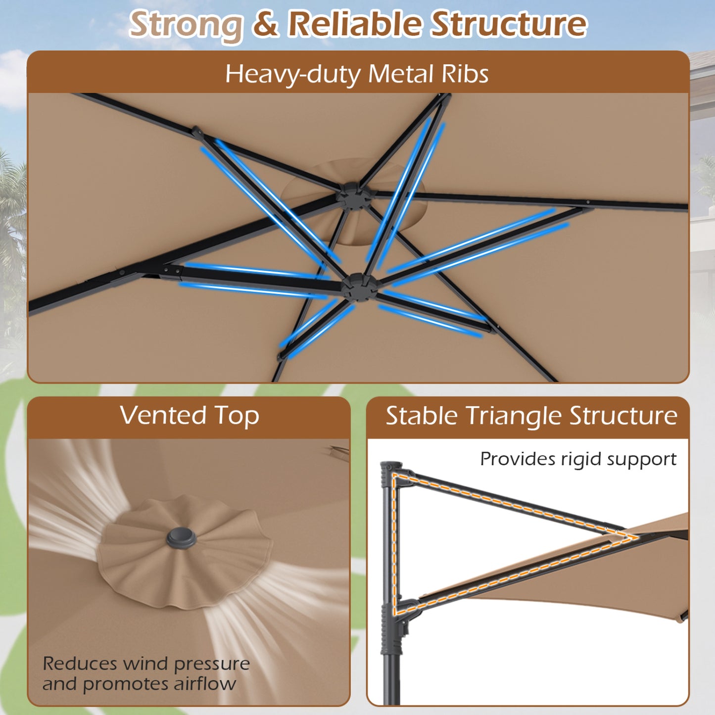 10 FT Patio Cantilever Umbrella, 360° Rotation, Air Vent, Tan Outdoor Umbrellas at Gallery Canada