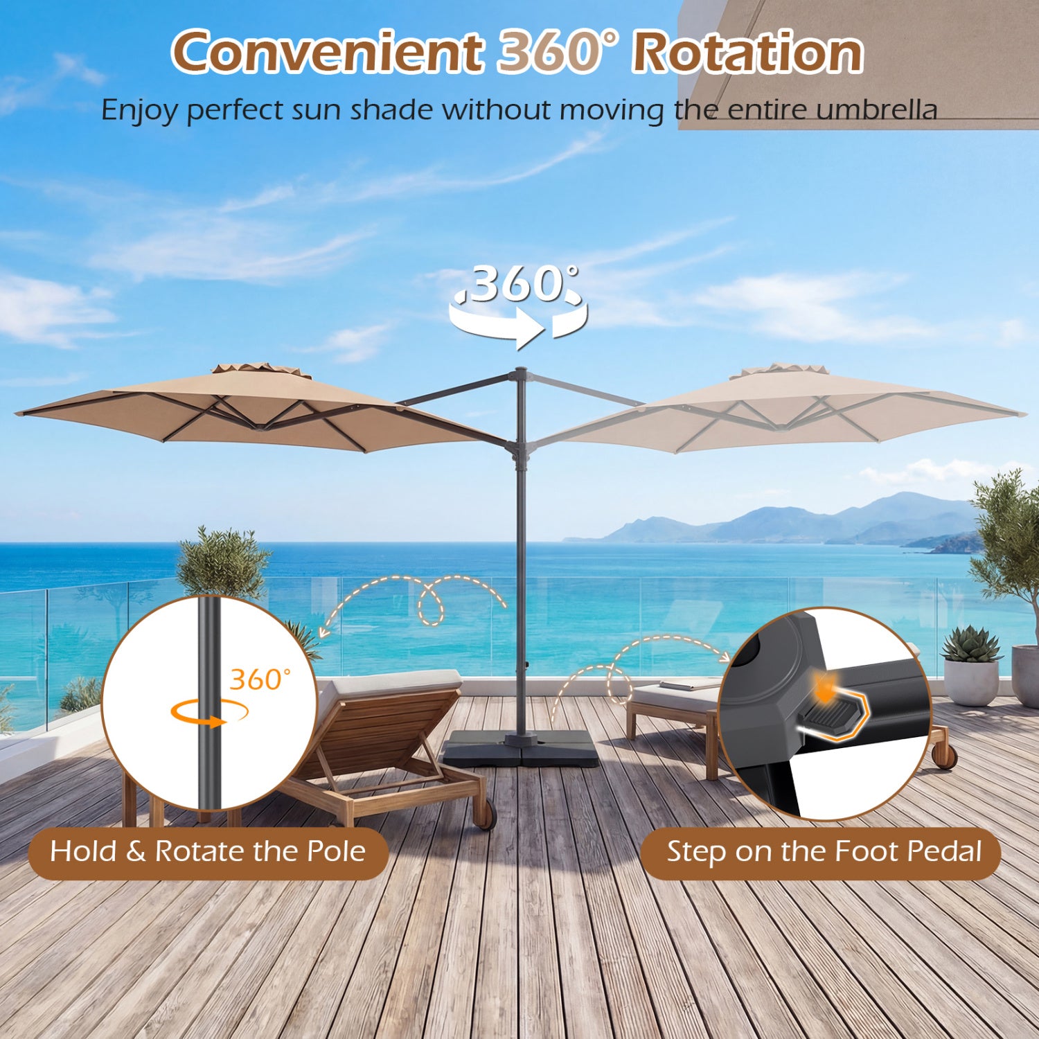 10 FT Patio Cantilever Umbrella, 360° Rotation, Air Vent, Tan Outdoor Umbrellas at Gallery Canada