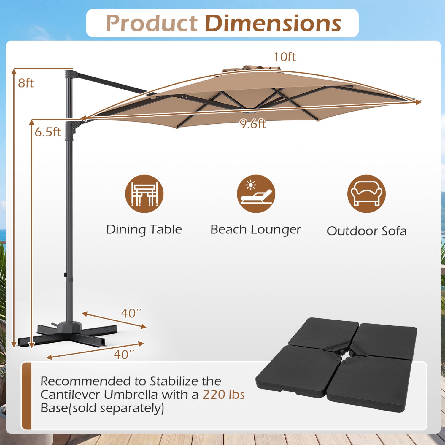 10 FT Patio Cantilever Umbrella, 360° Rotation, Air Vent, Tan Outdoor Umbrellas at Gallery Canada