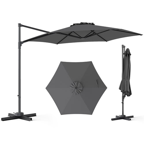10 FT Patio Cantilever Umbrella, 360° Rotation, Air Vent, Gray