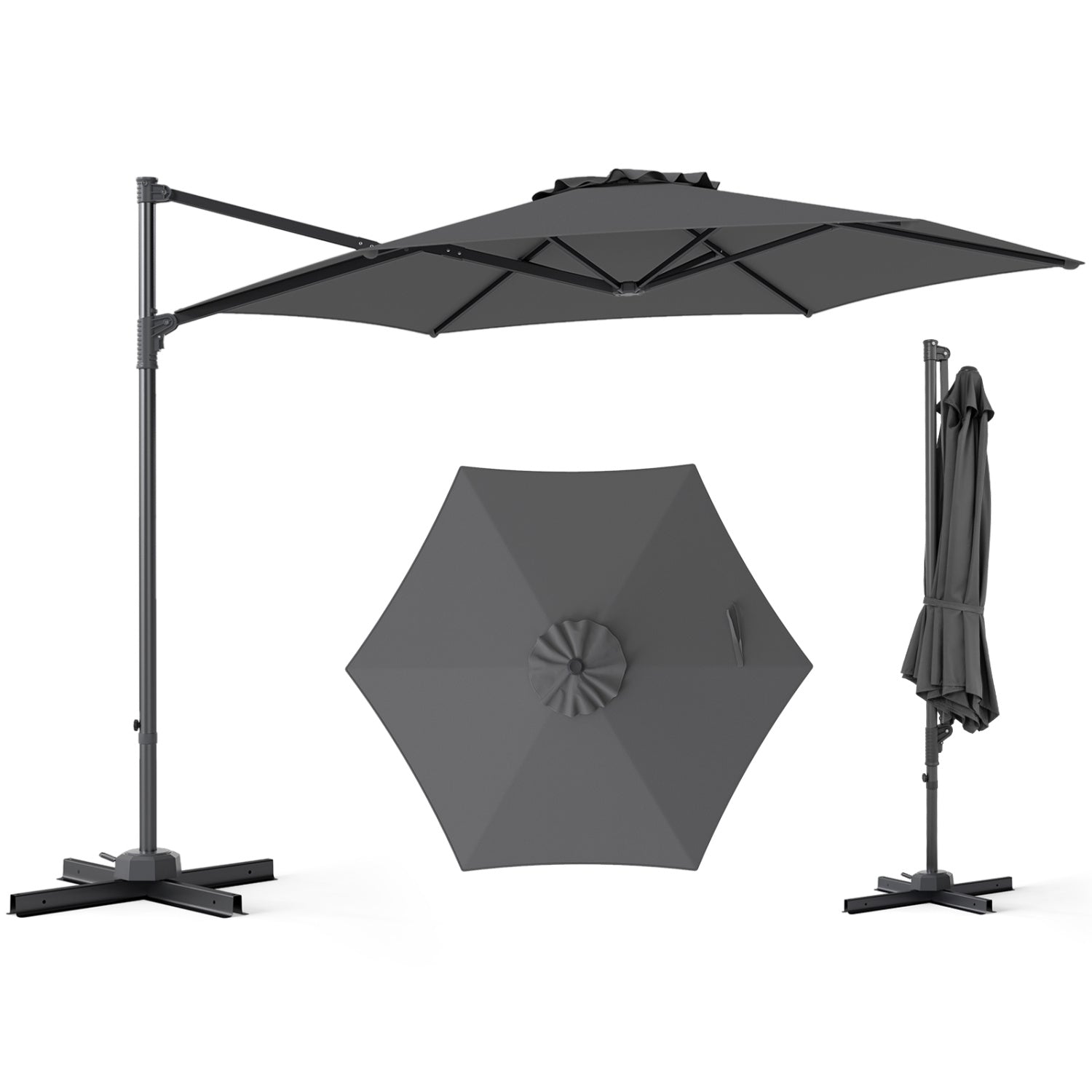 10 FT Patio Cantilever Umbrella, 360° Rotation, Air Vent, Gray Outdoor Umbrellas at Gallery Canada