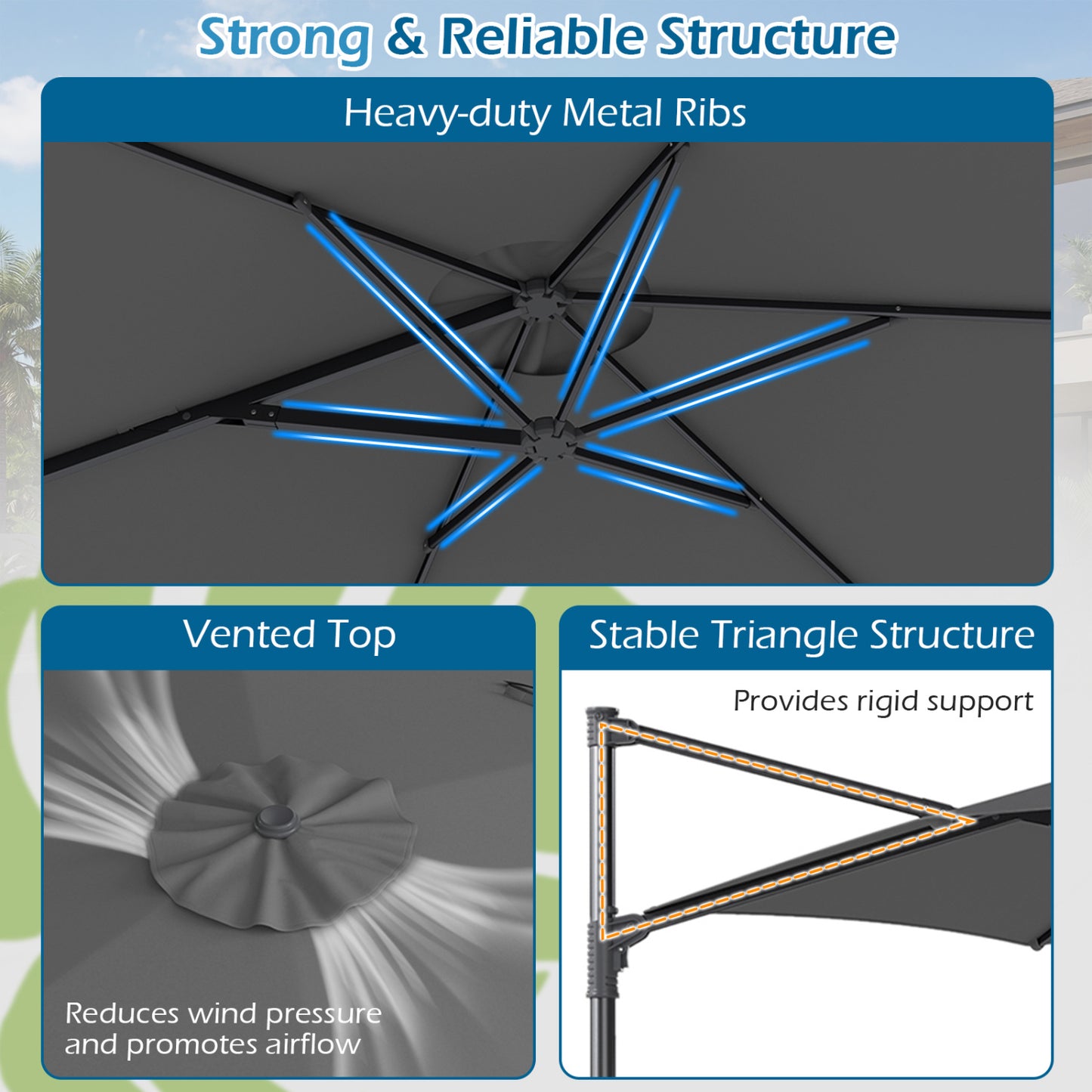 10 FT Patio Cantilever Umbrella, 360° Rotation, Air Vent, Gray Outdoor Umbrellas at Gallery Canada