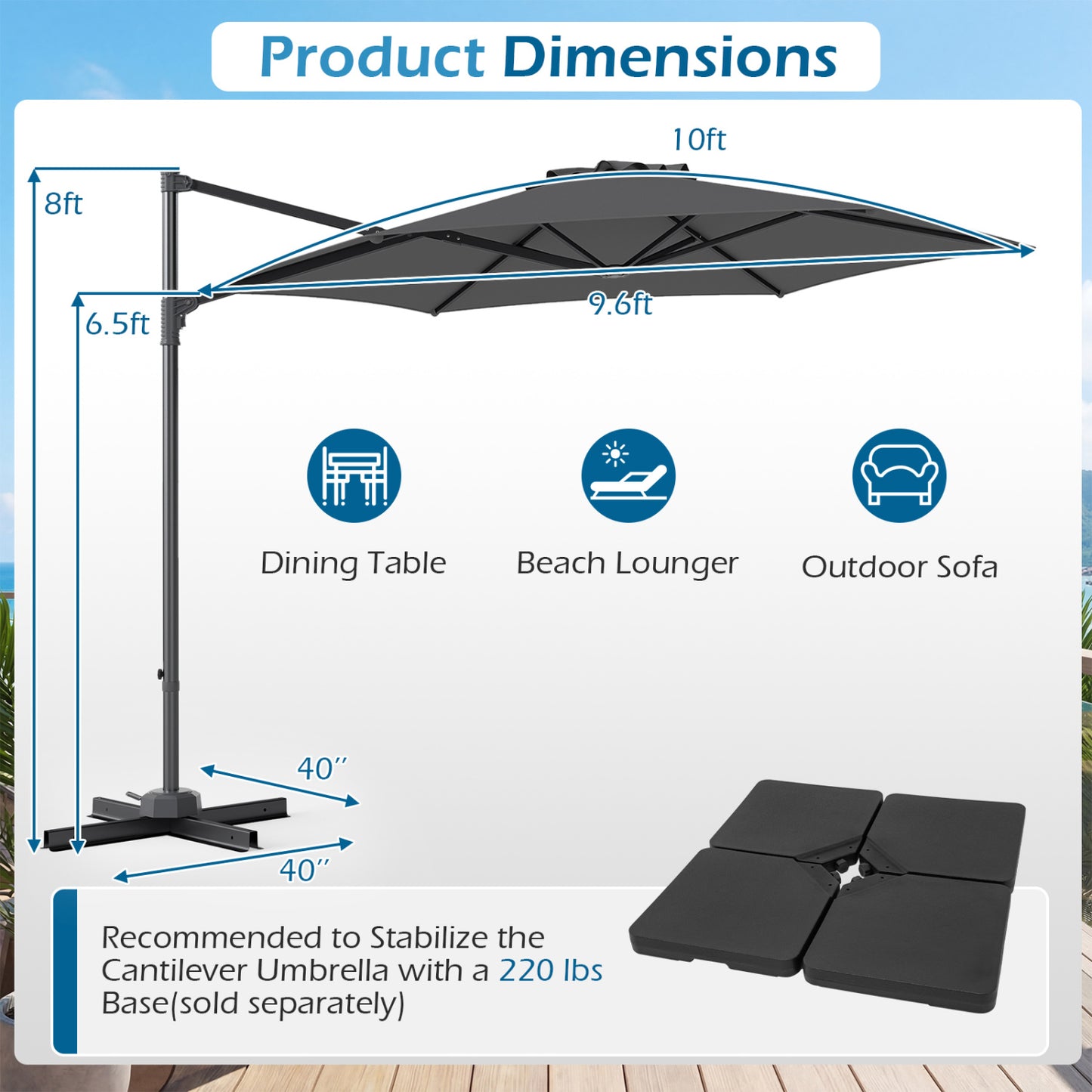 10 FT Patio Cantilever Umbrella, 360° Rotation, Air Vent, Gray Outdoor Umbrellas at Gallery Canada