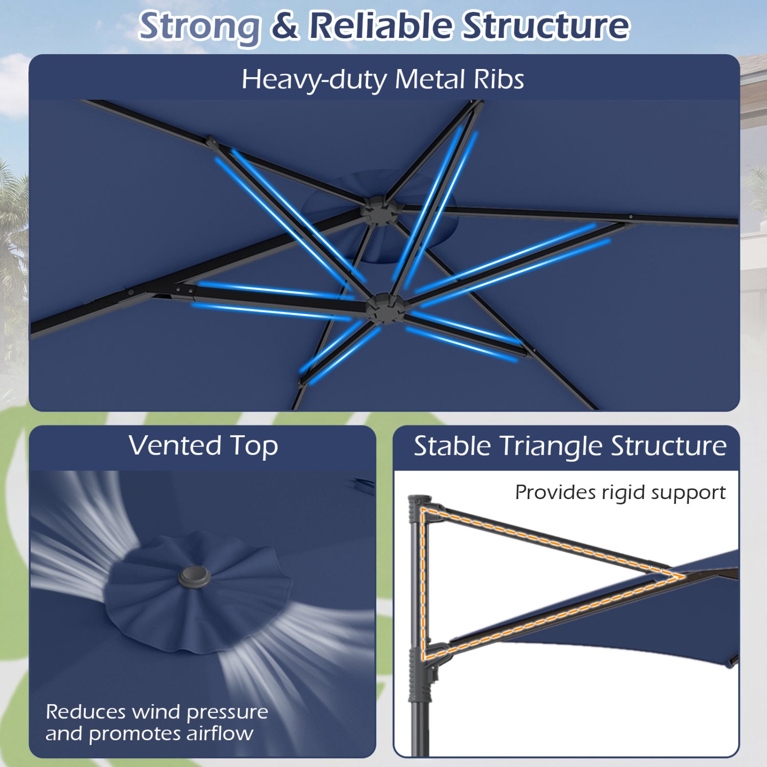 10 FT Patio Cantilever Umbrella, 360° Rotation, Air Vent, Blue Outdoor Umbrellas at Gallery Canada