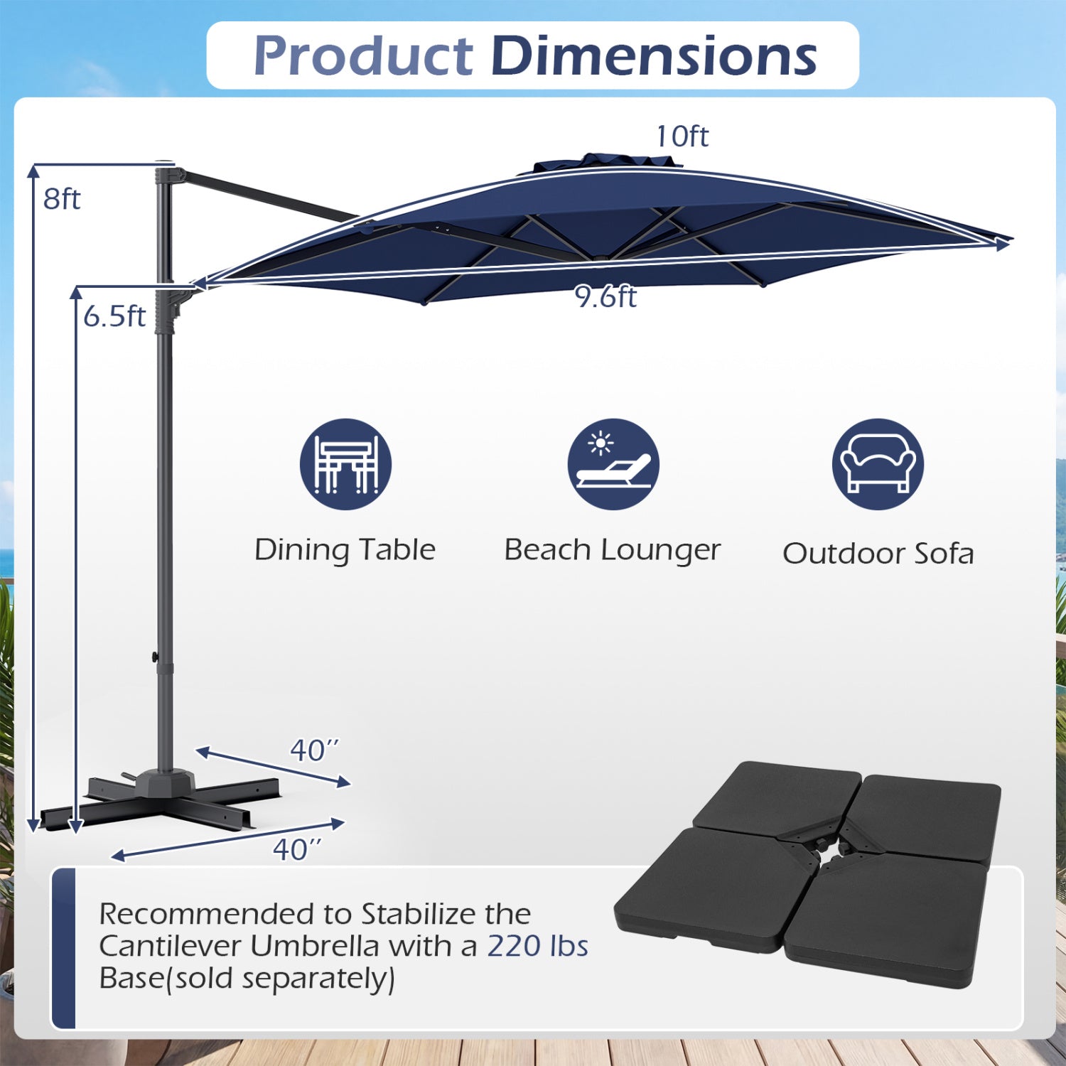 10 FT Patio Cantilever Umbrella, 360° Rotation, Air Vent, Blue Outdoor Umbrellas at Gallery Canada