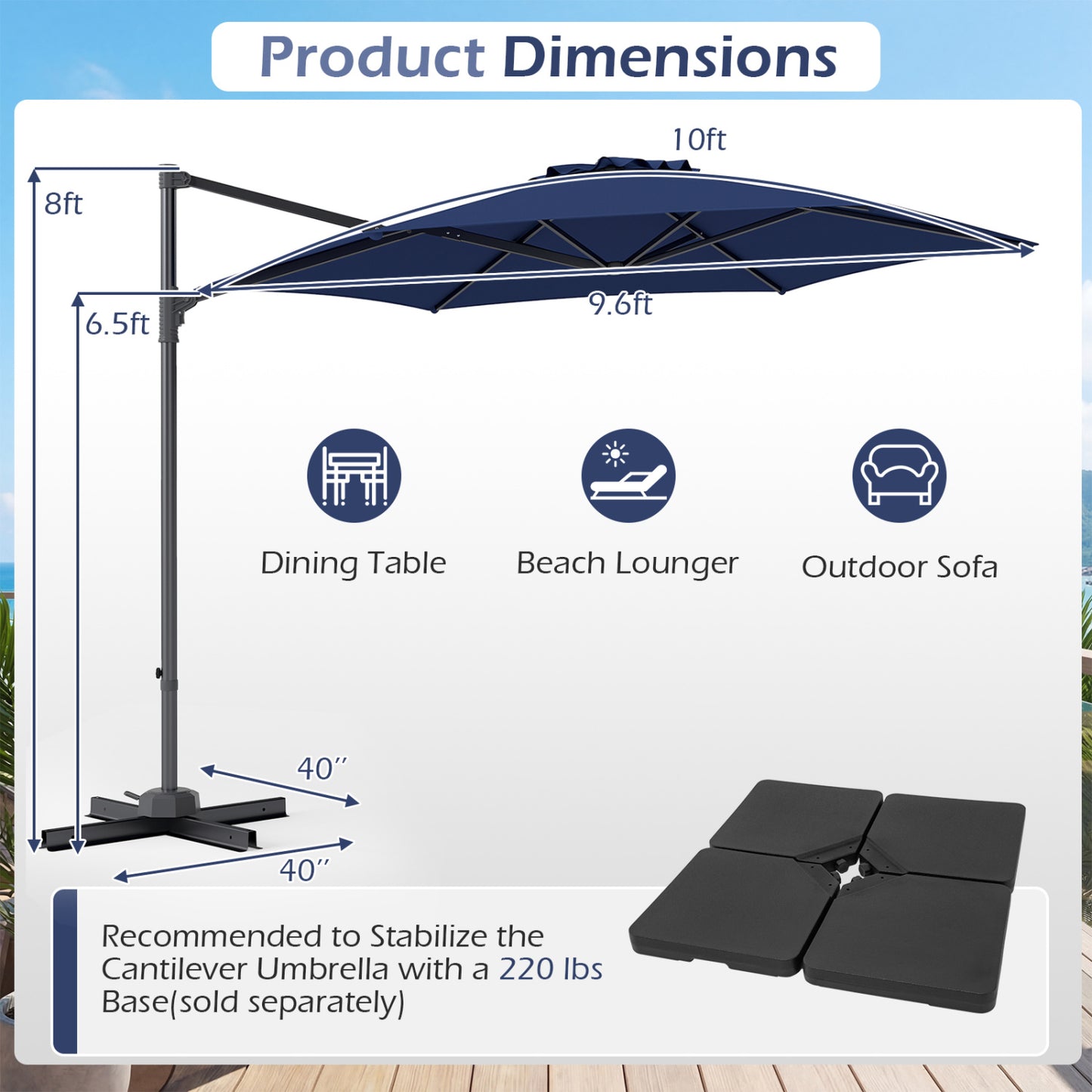 10 FT Patio Cantilever Umbrella, 360° Rotation, Air Vent, Blue Outdoor Umbrellas at Gallery Canada
